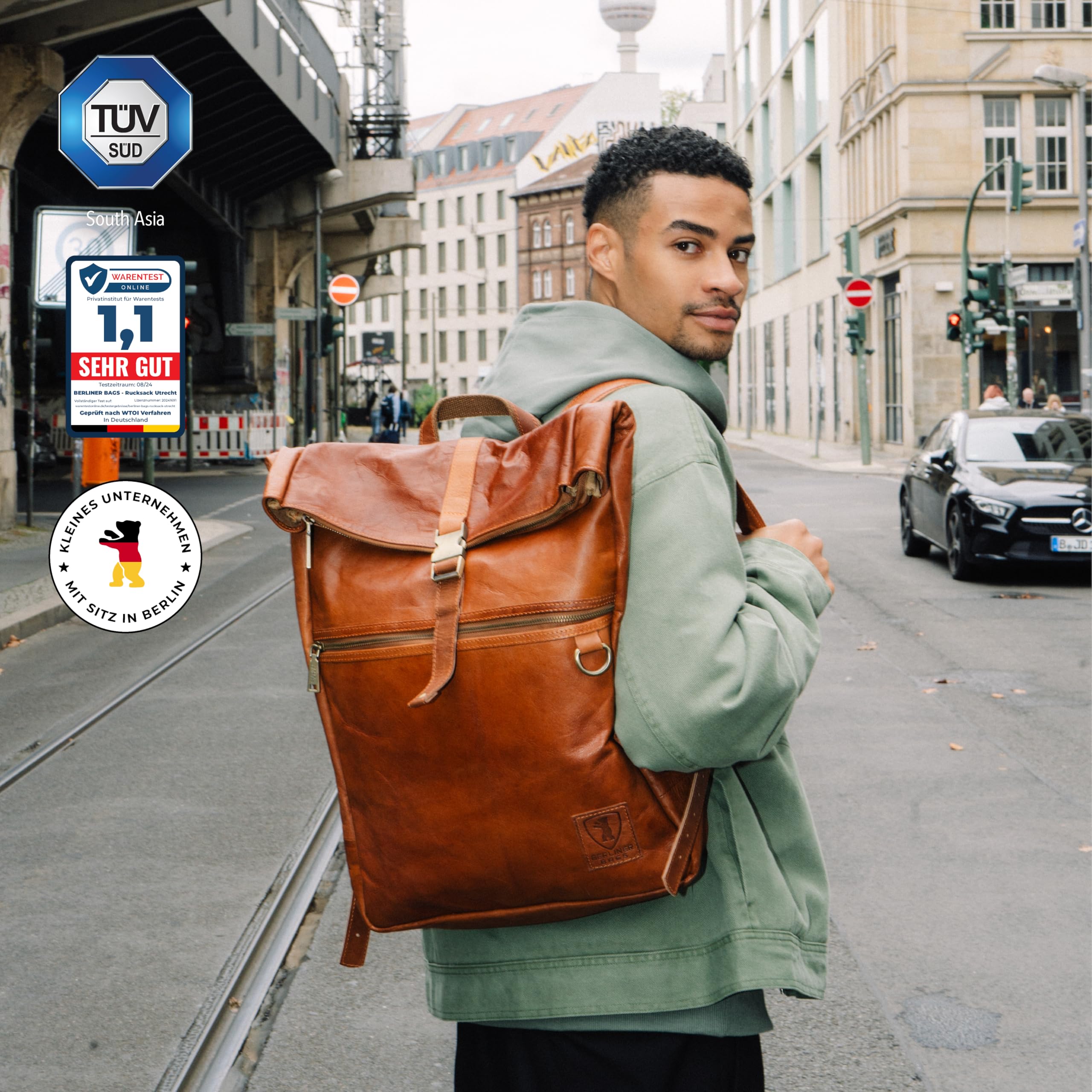 Berliner Bags Rolltop Rucksack Utrecht Vintage, Lederrucksack - Braun