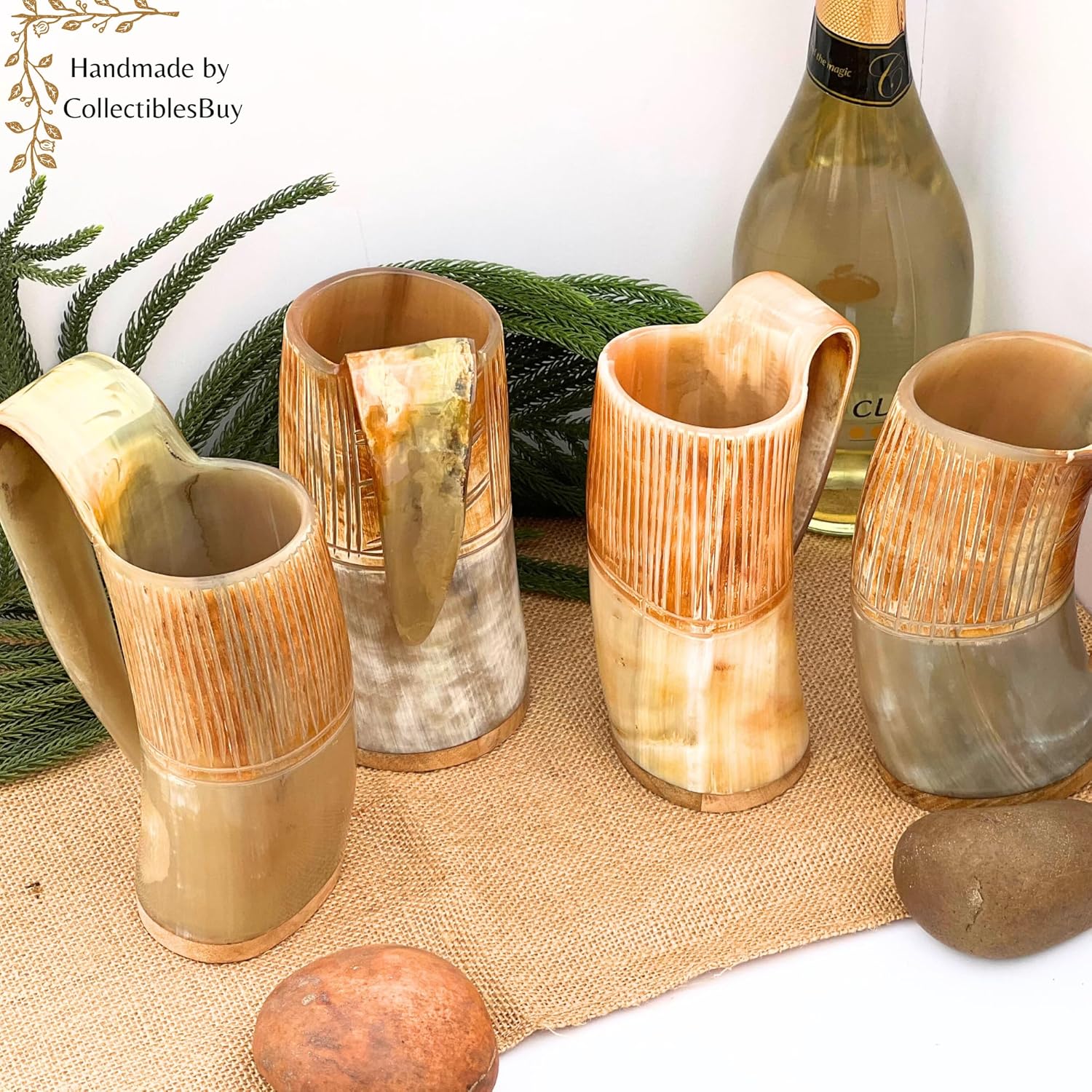 Viking Drinking Horn Mug Set of 4 Handmade – Medieval Ale Tankards with Display Holders, Norse Drinkware, Rustic Bar & Kitchen Decor