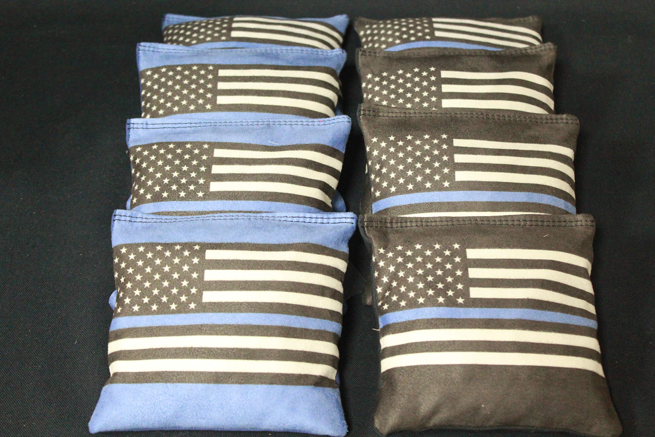 BackYardGamesUSA Blue Lives Matter Stick and Slide B115 - All Weather or Corn Filled Cornhole Bags - Set of 8 Regulation Size Duck Canvas Cornhole Toss Bean Bags (All Weather Resin Filled)