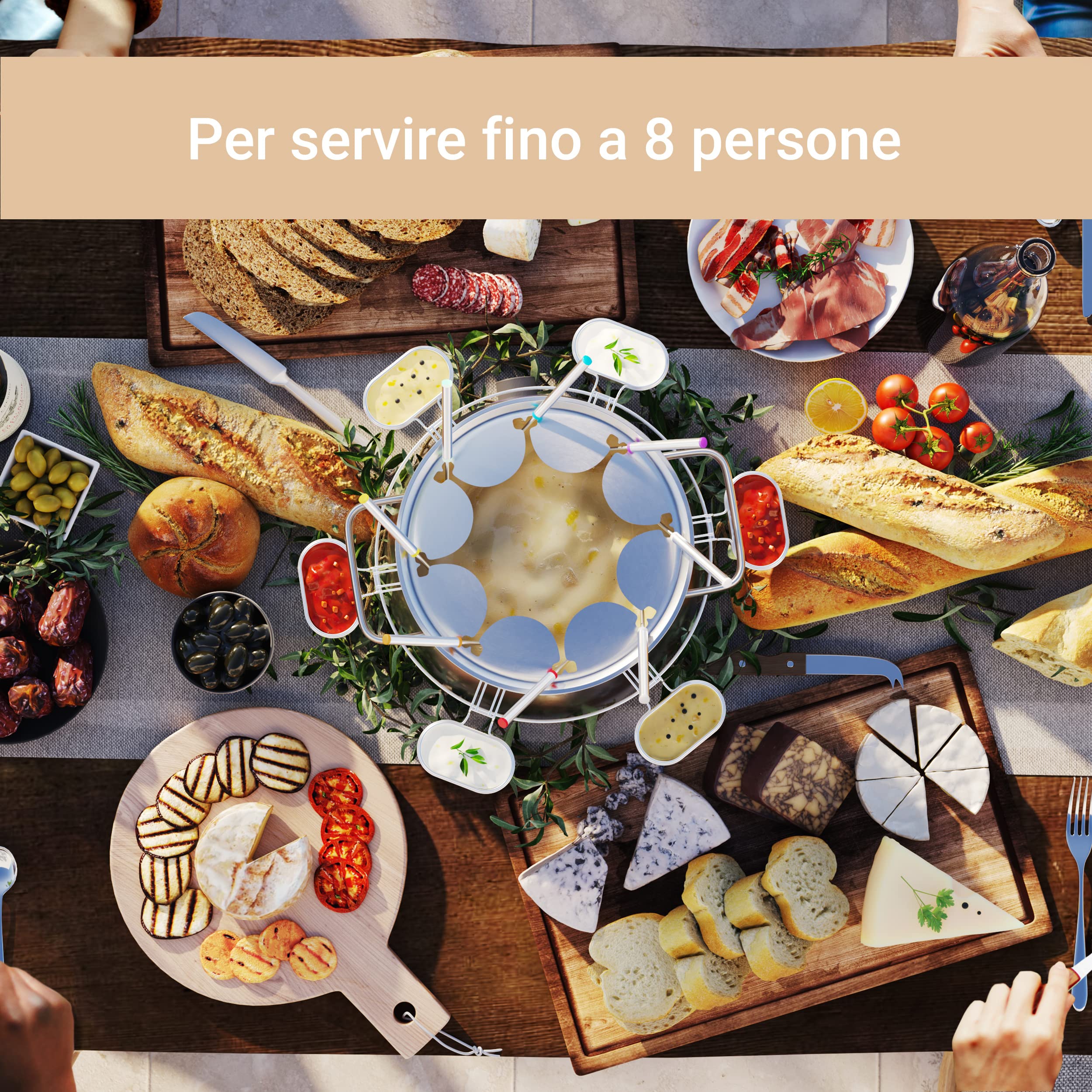 SUNTEC Fondue elettrica Fino a 8 Persone – Forchette + paraspruzzi + Supporto per Salse – Alternativa alla raclette – Pentola per Formaggio + Cioccolata + Grasso – Set in Acciaio Inox FON-8014 V2A