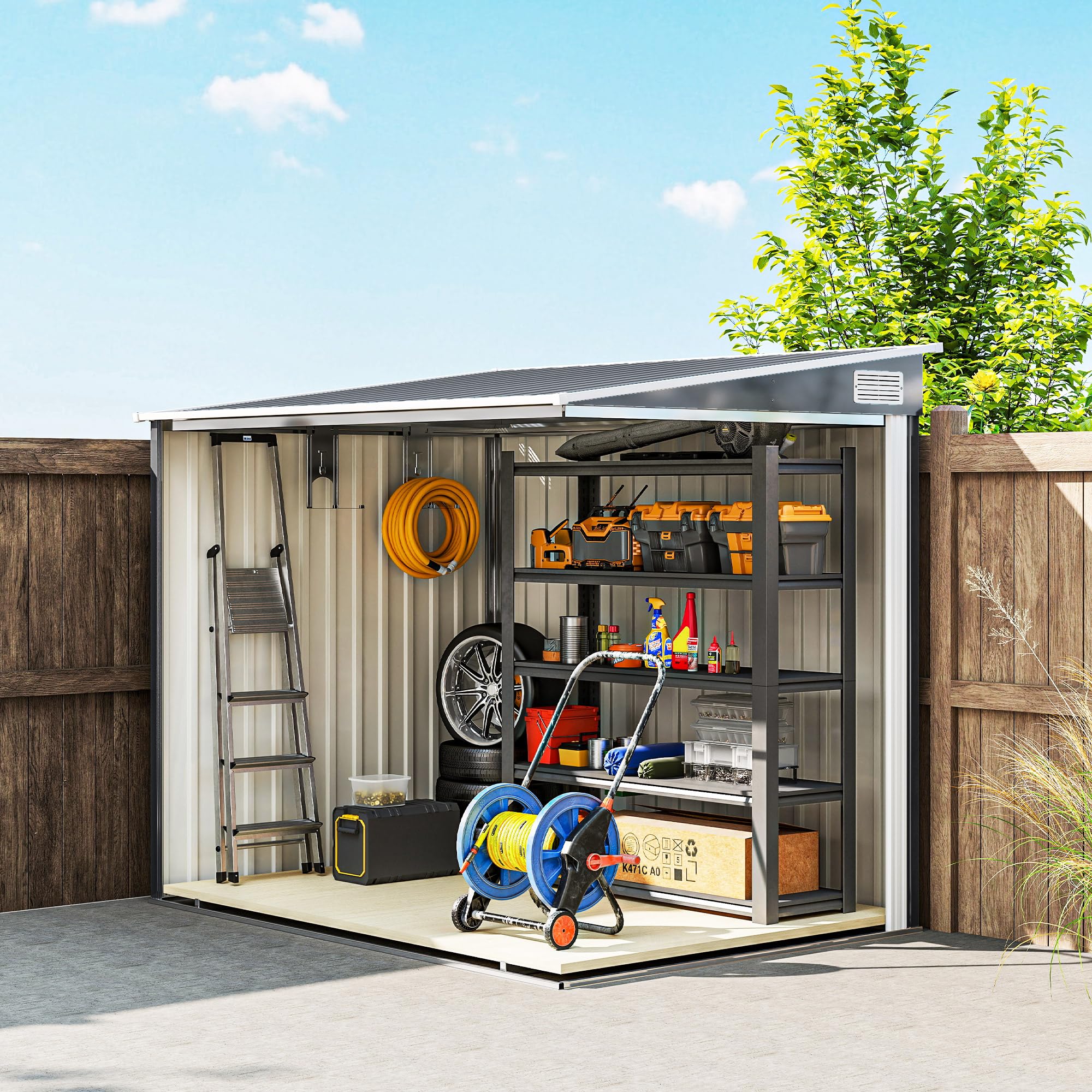 Outsunny Abri de Jardin en Métal 2,81 m² Toit Incliné 154x206,5x181 cm Gris | Kit Fondation, Cabane de Jardin Extérieure Adossée, Acier Galvanisé, Abri à Outils, 2 Étagères Réglables