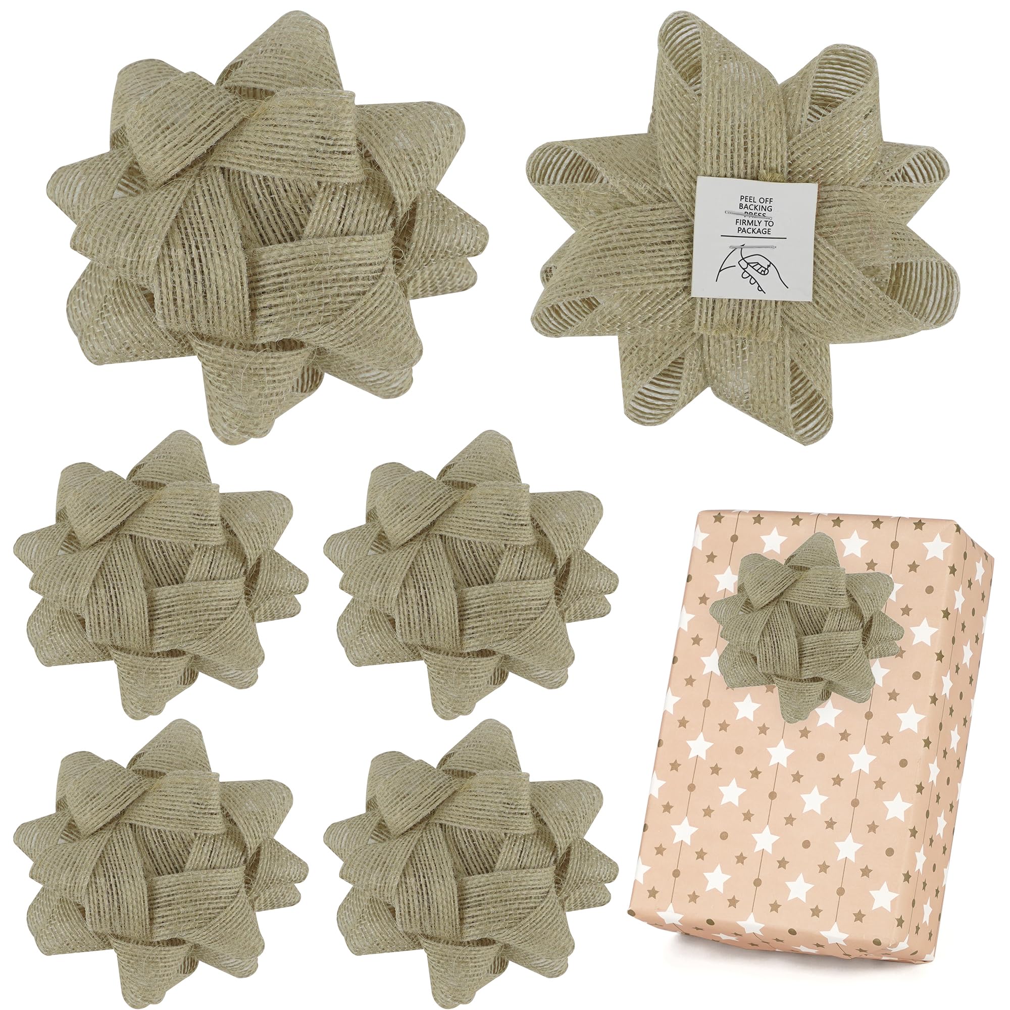 LiBongTa 4.5" Burlap Bows For Gift Wrapping, Self Adhesive Burlap Gift Bow, Natural Wired Ribbon Bow For Christmas Day Presents, Treat Bags, Party
