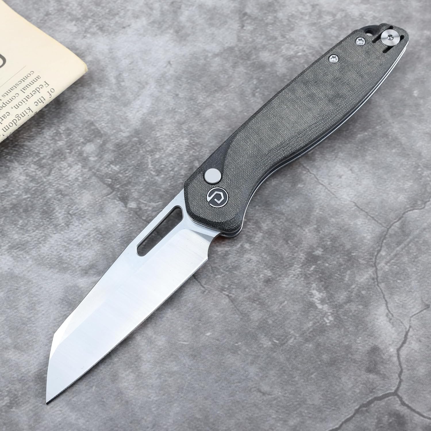 DEFCON Pocket Folding Knife- Button Lock with Thumb Hole Opener, 3" 14C28N Blade, Composite Handle, Utility Knife for Men Women Gift -TD020 WARHAWK- (Black Canvas Micarta)