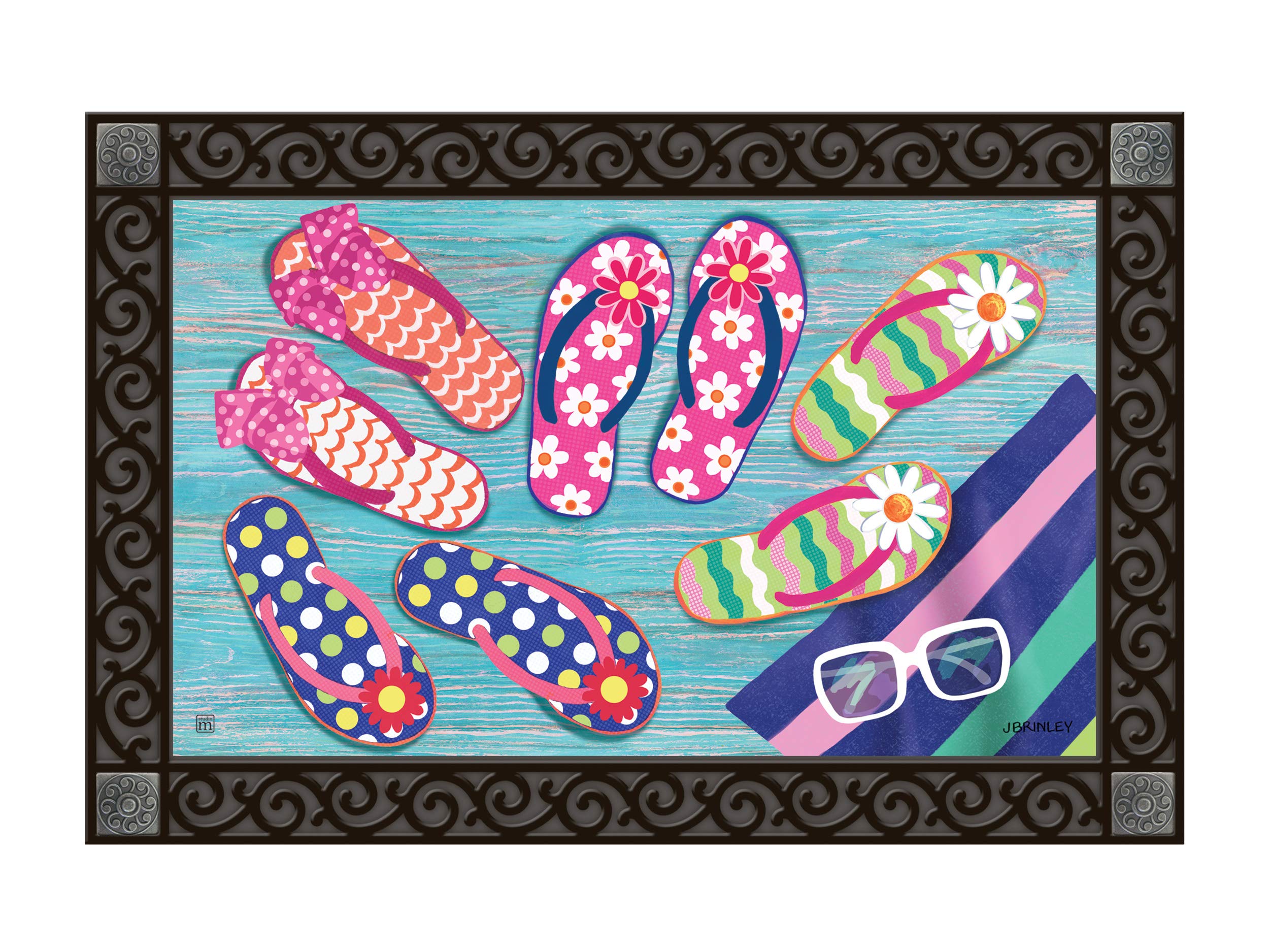 Studio M MatMates Flip Flop Frenzy Decorative Floor Mat Indoor or Outdoor Doormat with Eco-Friendly Recycled Rubber Backing, 18 x 30 Inches