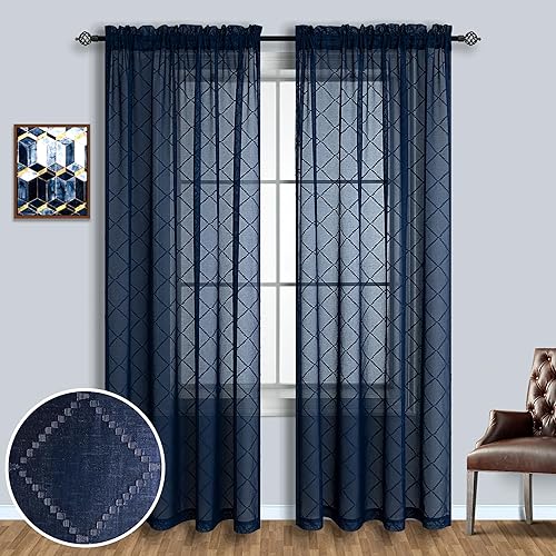 Miniatura 2 de KOUFALL Cortinas de ventana para sala de estar, juego de 2 paneles de 84 pulgadas de largo, diseño de patrón azul, cortinas transparentes bordadas