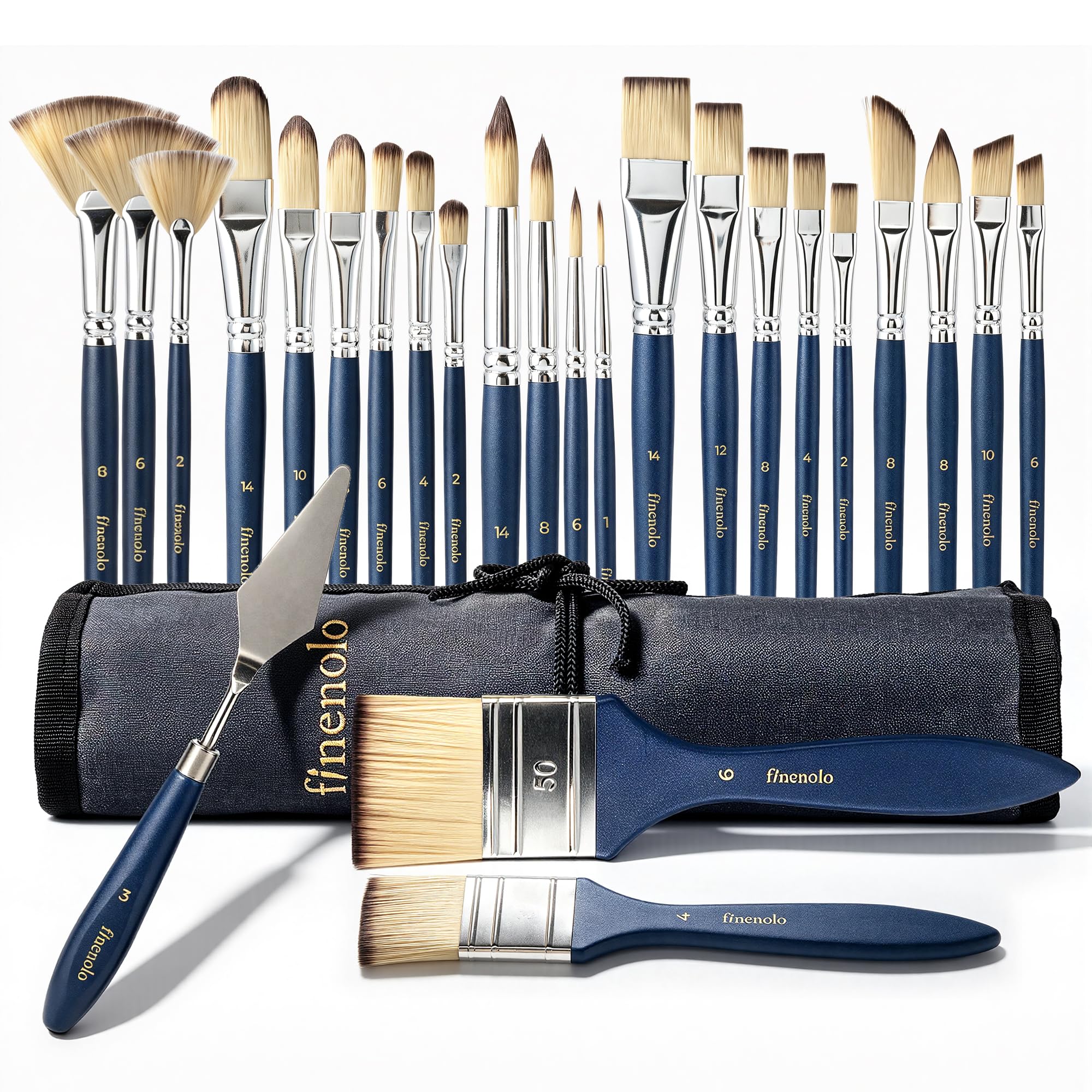 25pcs Professional Paint Brush Set, 9 Shapes with Palette Knife