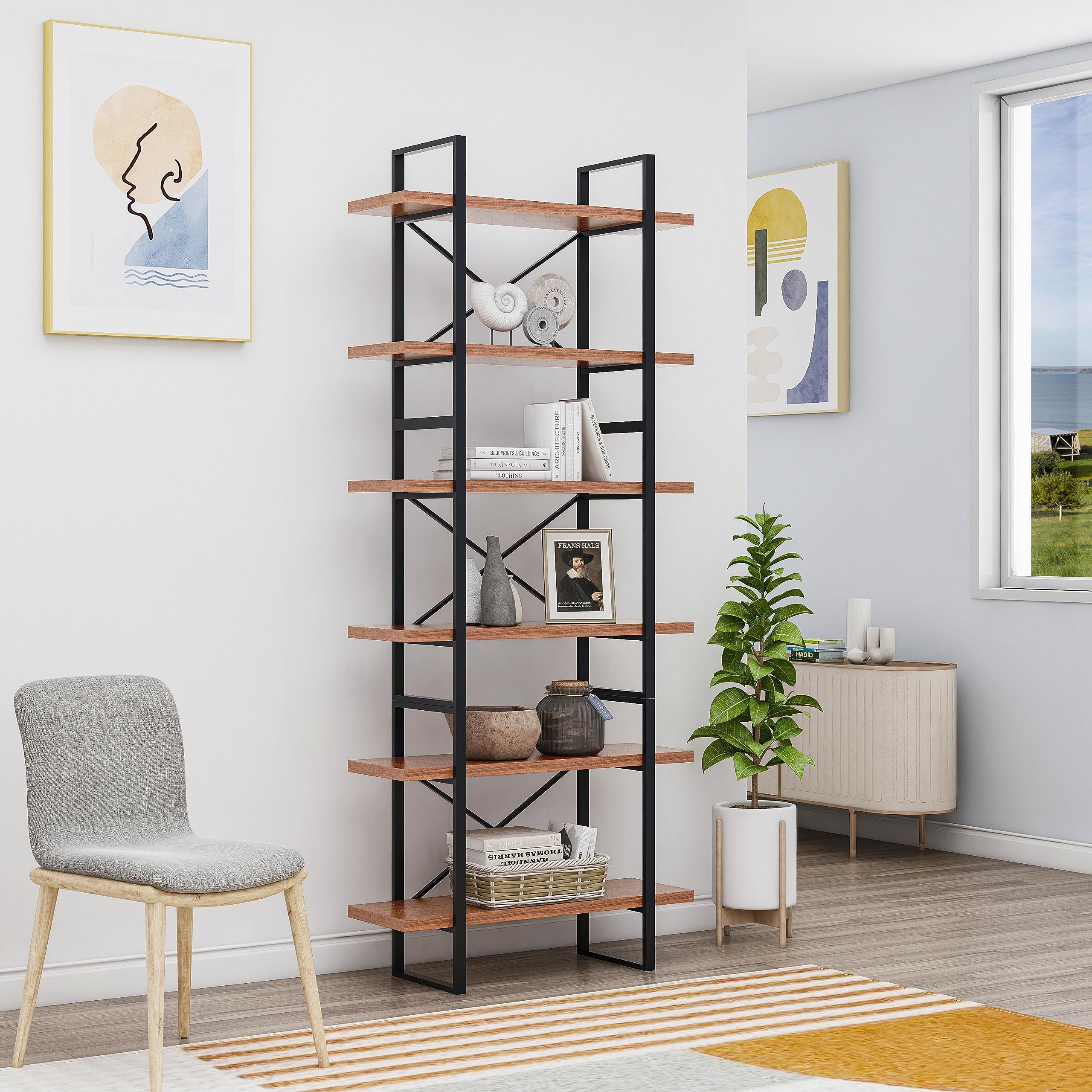 6-Tier etagered Walnut Shelf Bookcase with Black Metal Frame- 35.43x12.5x85 inches