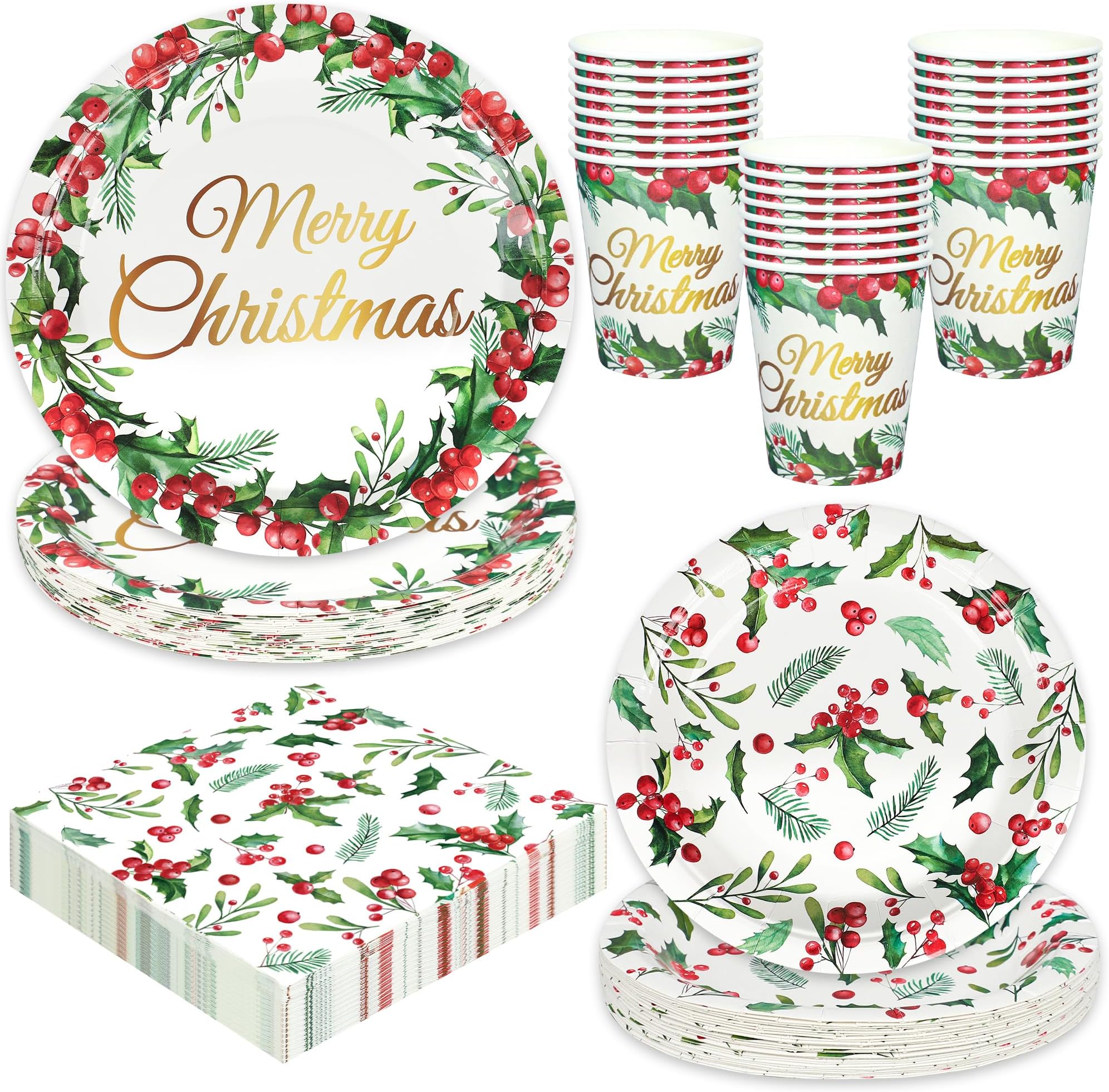 Augisteen 100 PCS Christmas Holly Party Supplies Set Disposable Merry Christmas Holly Dinnerware Set Christmas Paper Plates Cups Napkins for Xmas Winter Holiday Party Decoration, Serves 25
