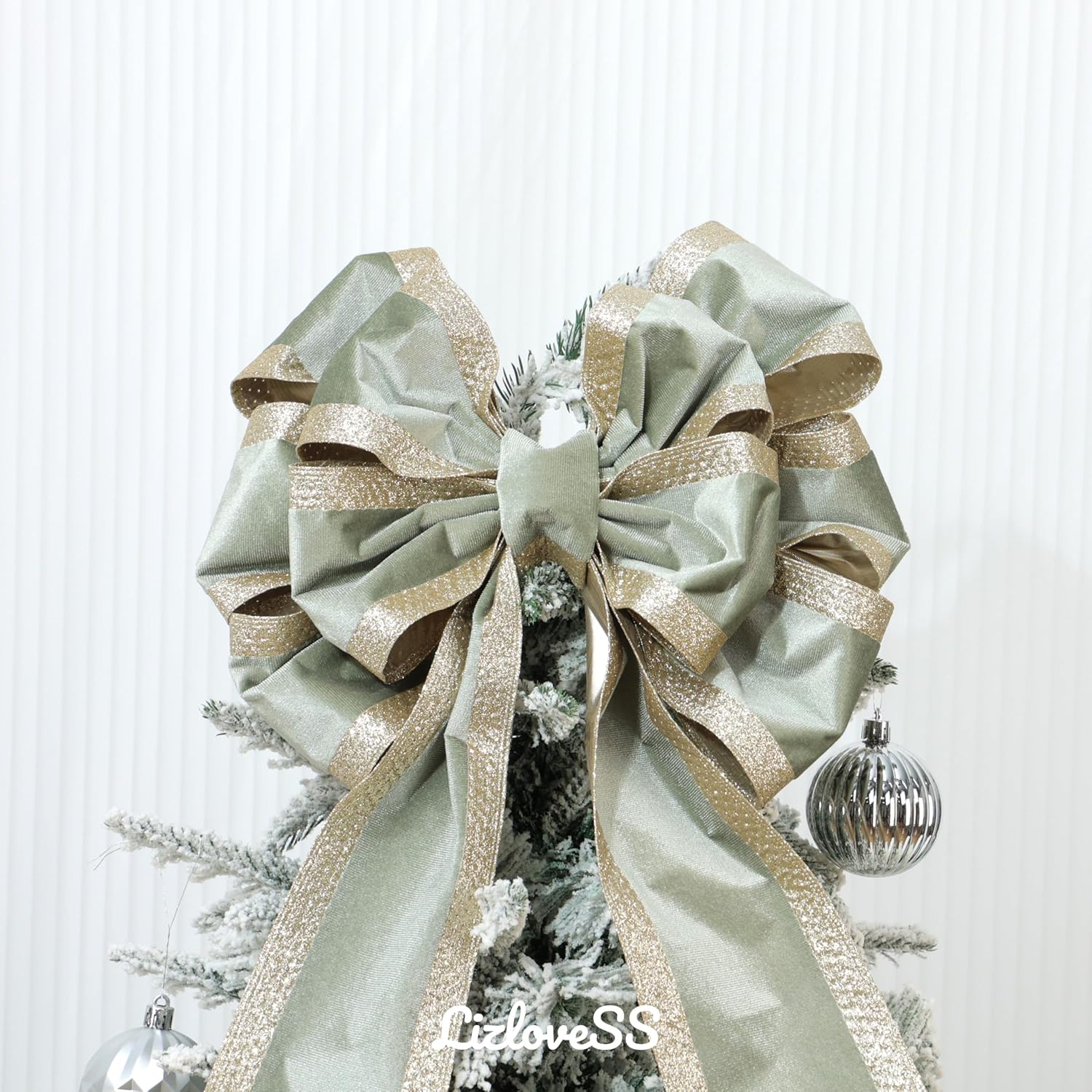 4" Sage Green Christmas Velvet Wired Ribbon with Champagne Gold Glitter Stripe Edges - 10 Yards Roll for Christmas Tree, Gift Wrapping, Wreaths, Holiday Crafts & Décor