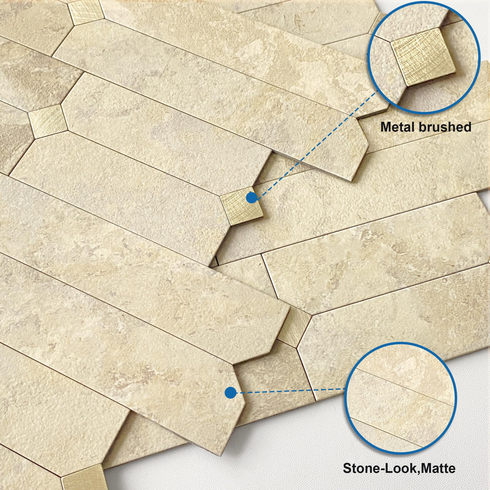 Piastrelle adesive per cucina e bagno, effetto mosaico lineare, opache, impermeabili (10 fogli, beige oro)