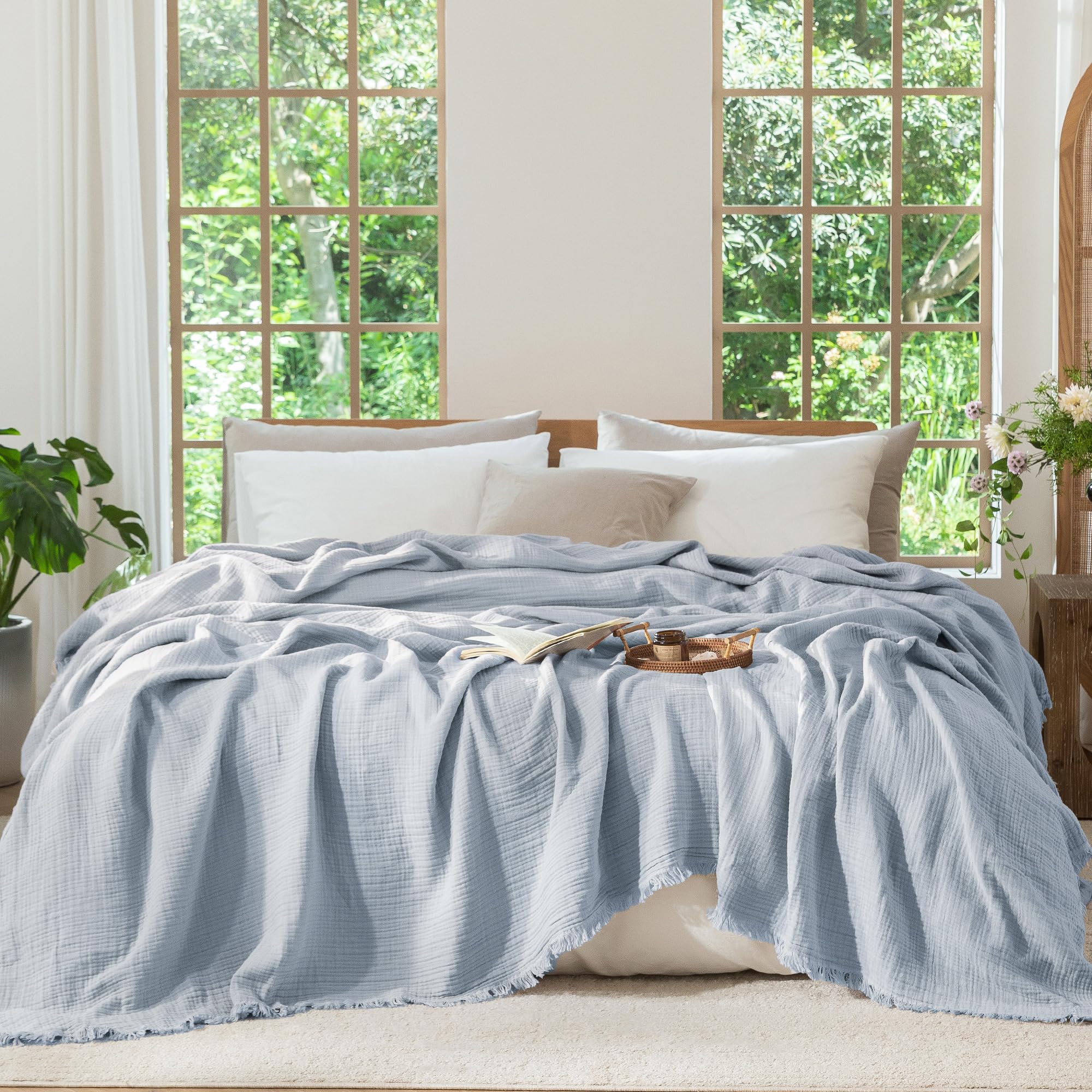Photo 1 of MooMee Muslin Blanket - 100% Cotton 4-Layer Gauze Throw Blanket with All-Around Fringe, Soft Breathable Lightweight Cooling Summer Blankets for Bed Couch(Dusty Blue,Throw XL 50" x 70")