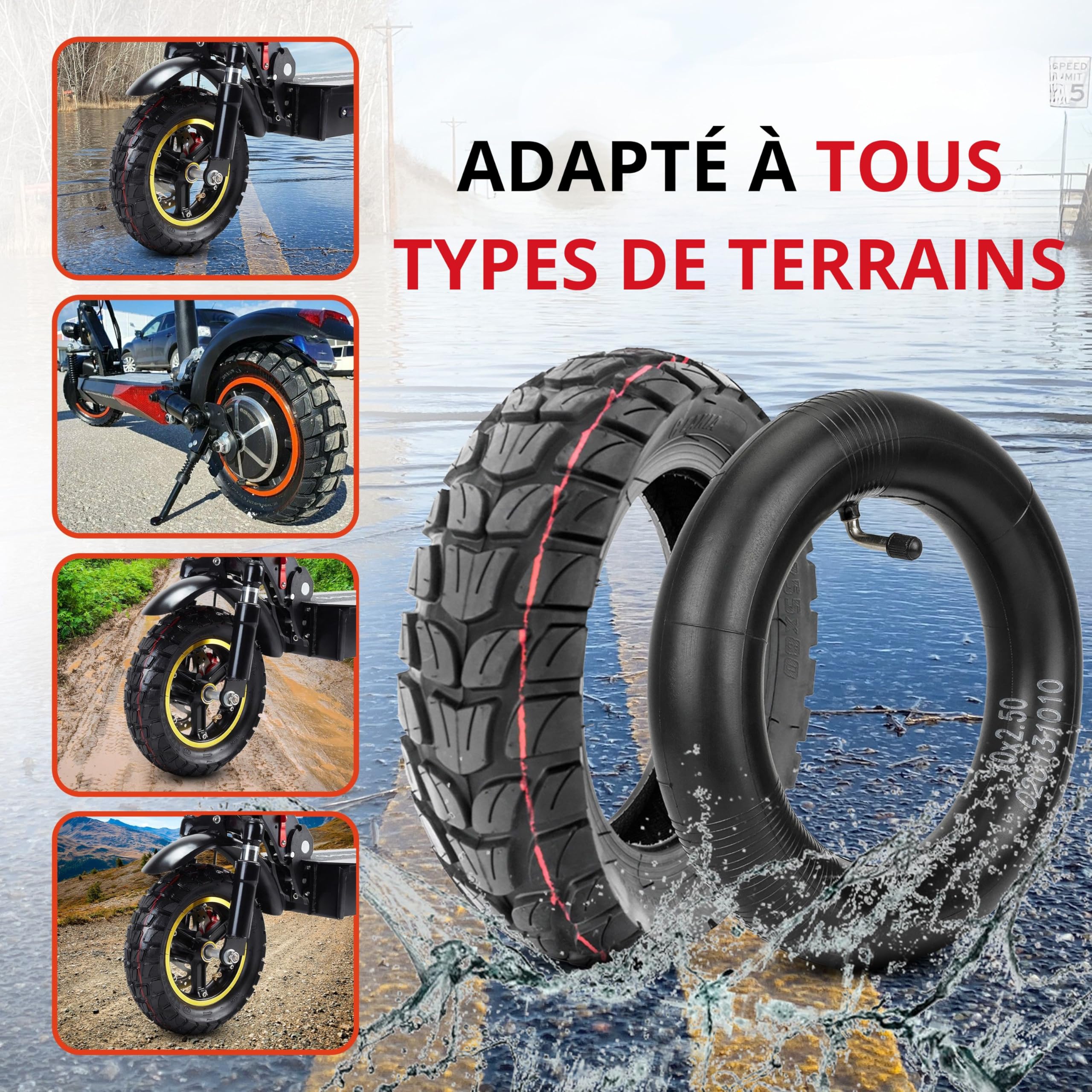ANSENI Pneus de 10 pouces (10 x 3.0) (80/65-6) (255 x 80) pour Kugoo M4 Dualtron Victor Luxury Eagle Speedway 4 Zero 10X scooters électriques Minimotors (1 pneu Offroad + 1 chambre à air)