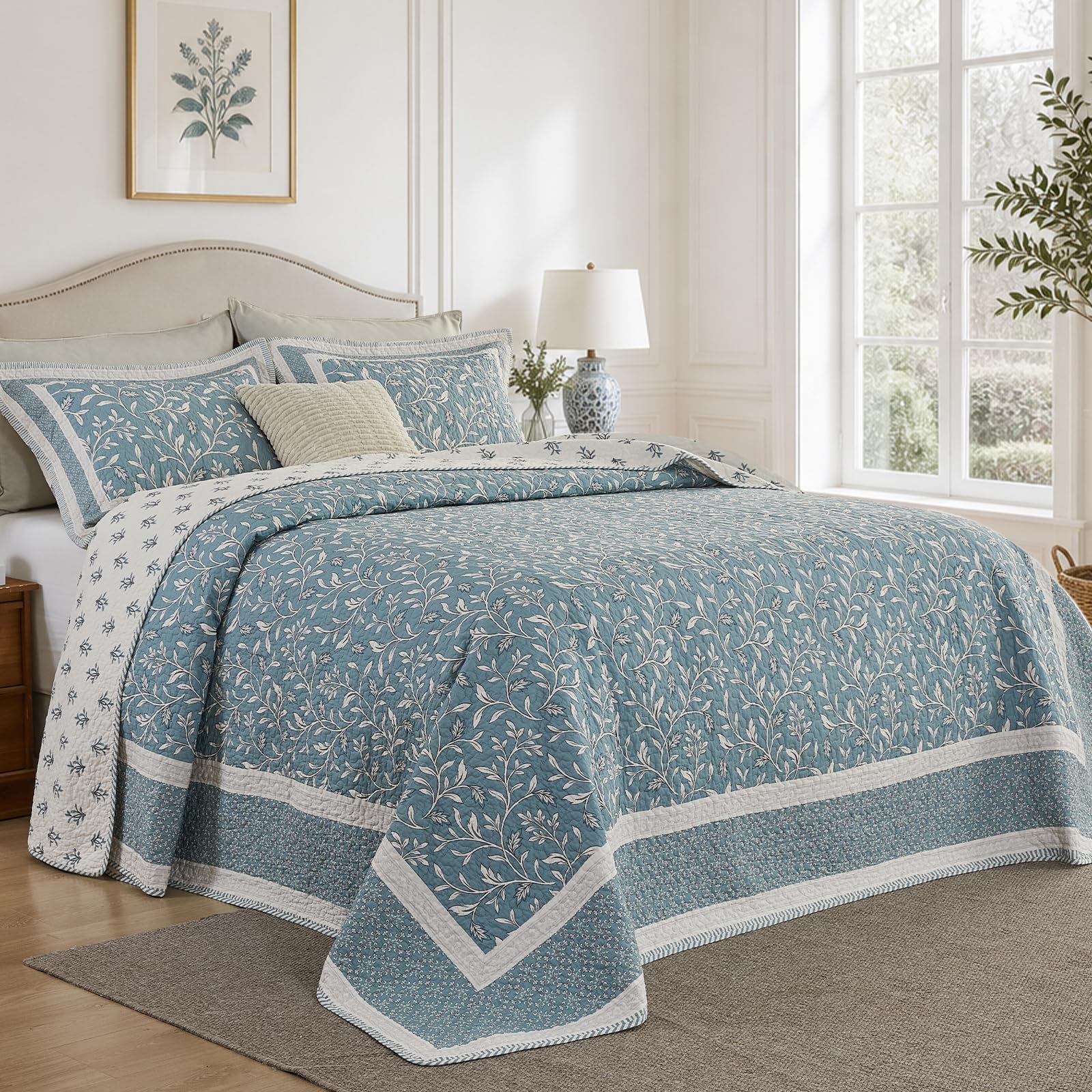 SOElinens Queen Bedspreads 102x120 - Botanical Floral Farmhouse Reversible Oversized Queen Quilt Set, Lightweight Thin Comforter Coverlet Set with Pillow Shams, 3pc, 100% Cotton, Soft Aqua Blue
