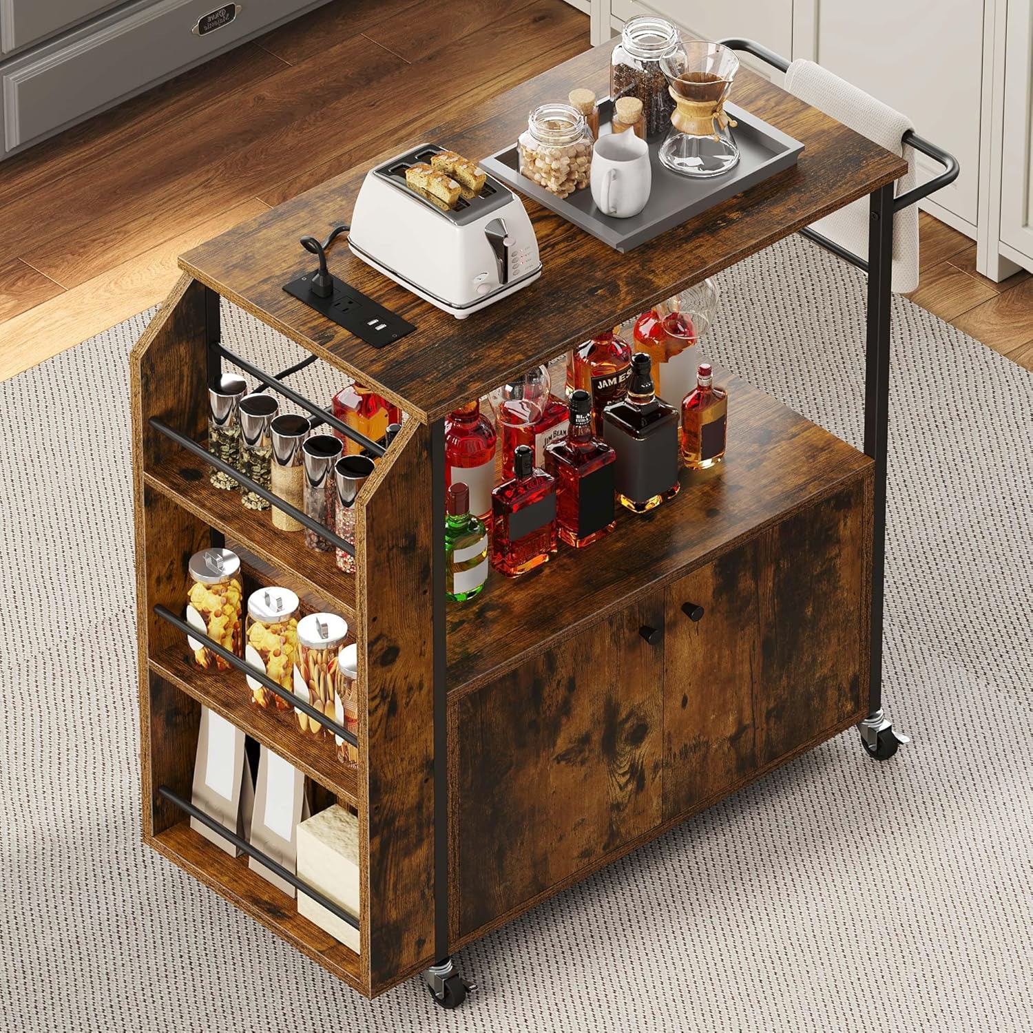 YITAHOME Kitchen Island Cart with Power Outlet, 36 Inch Mobile Kitchen Cart with Open Shelves, Rolling Portable Serving Utility Carts on Wheels with Storage for Kitchen, Dining Room, Brown