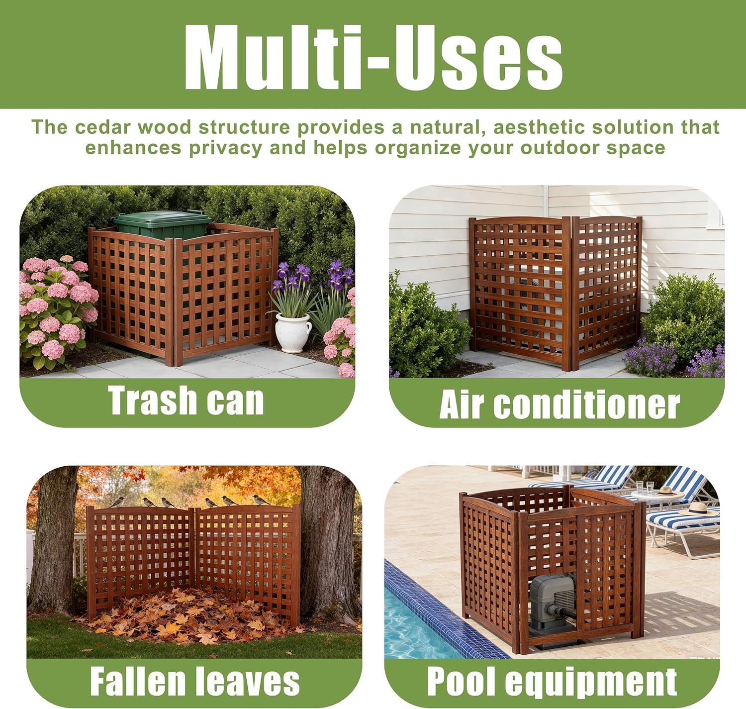 32" W x 38" H Air Conditioner Fence, 3 Panel Trash Can Fence Screen for Outside Unit, No Dig Pool Equipment Enclosure, Wood Privacy AC Fence Panels for Garbage Outdoor, Brown