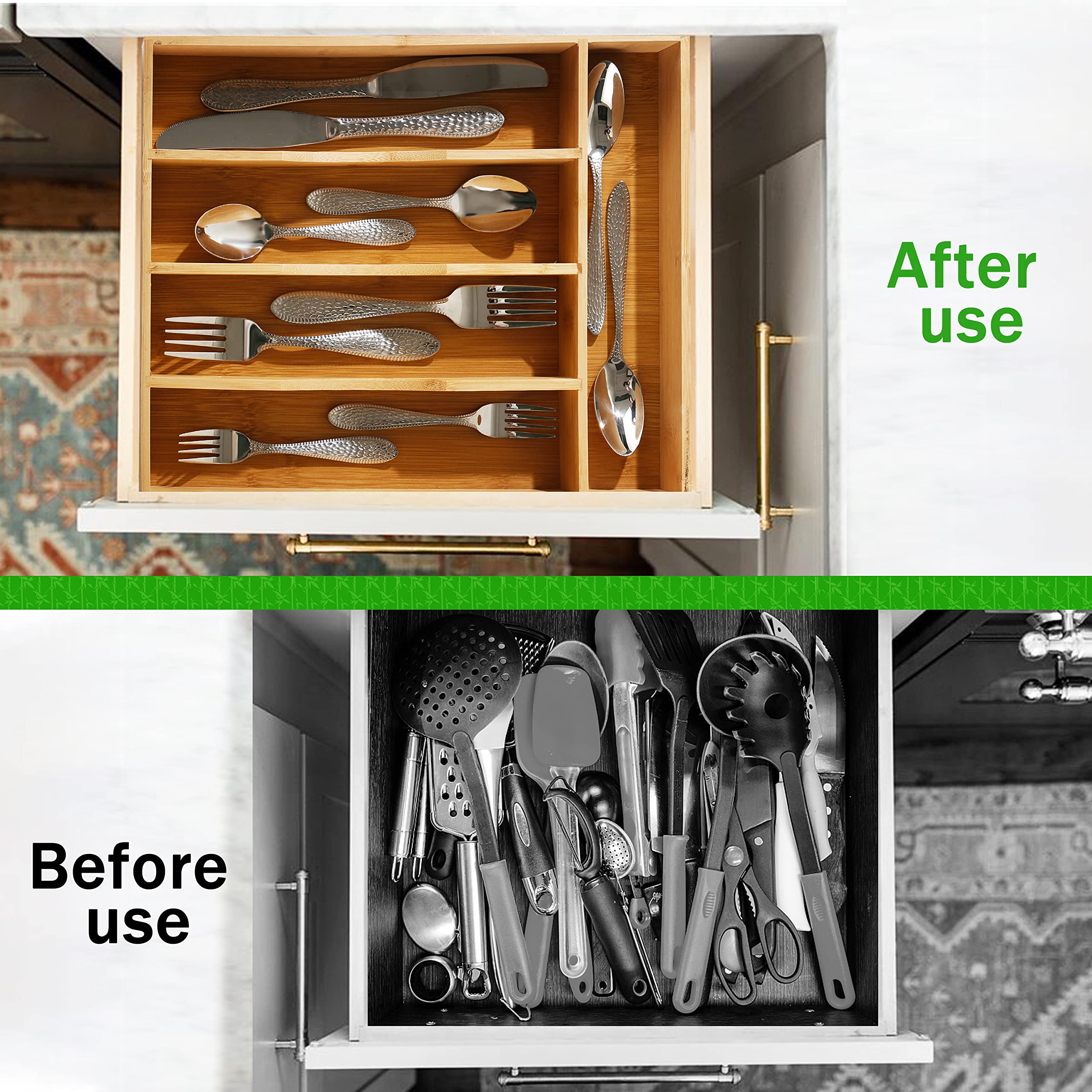 Greenual Organizador de cubiertos de 10 pulgadas, bandeja de cubiertos para cajones, cubiertos, organizador de cubiertos para cocina, madera de bambú