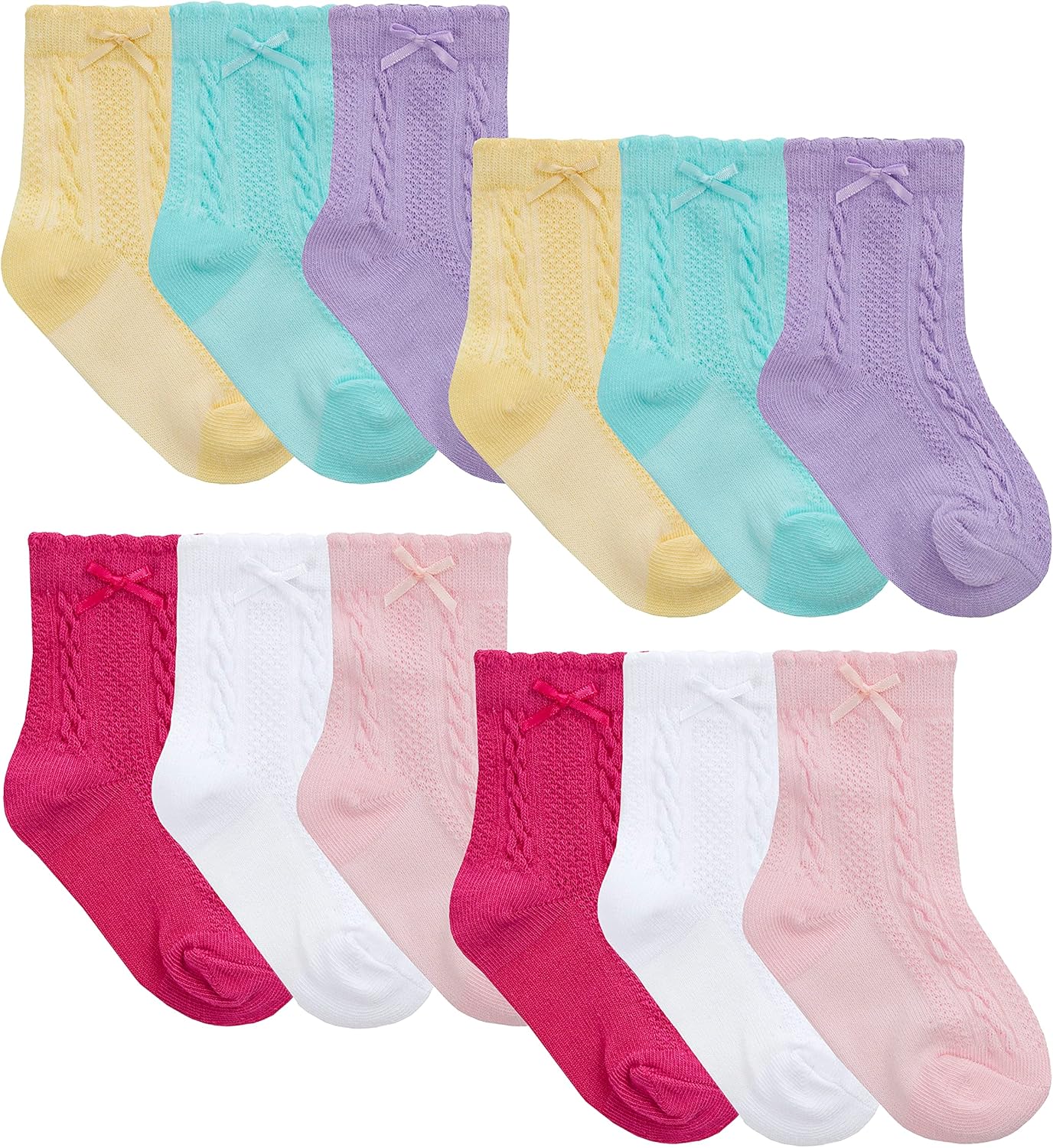 Sock Snob 12 Pairs Baby Socks with Bows Novelty Cotton Crew Knit Cable Socks