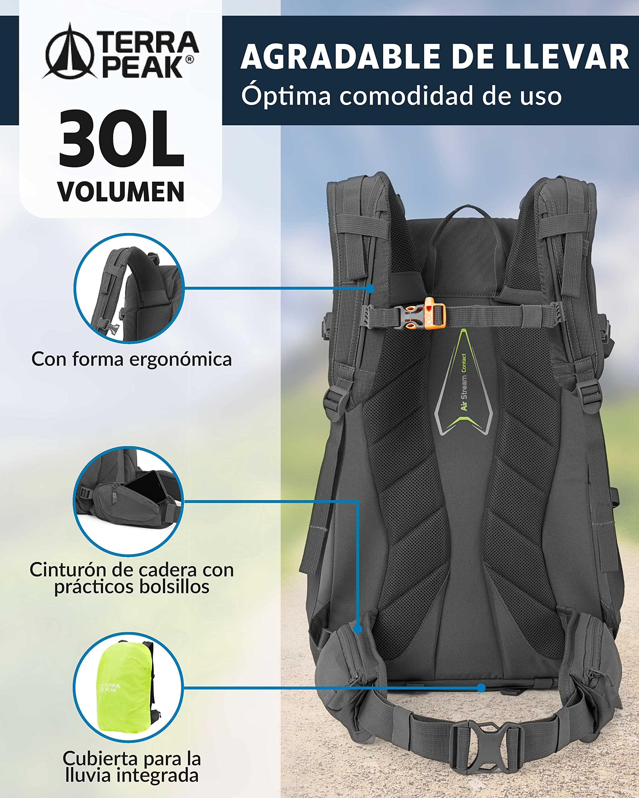 Terra Peak® Mochila de Senderismo 30L para hombre y mujer (FLEX 30 MEDIO) - Mochila de montaña, trekking y viaje para exteriores, ergonómica e impermeable, con ventilación trasera (transpirable)
