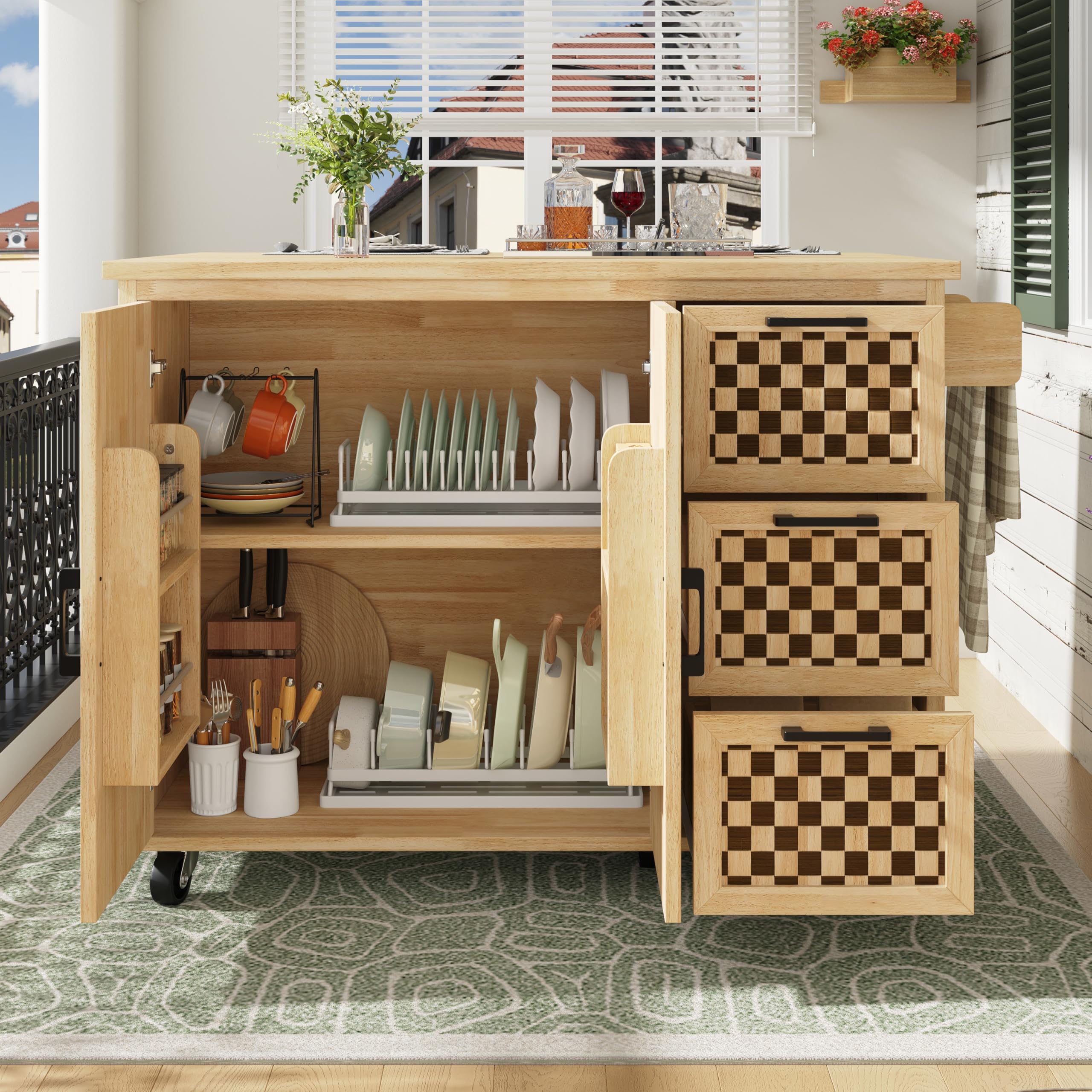 Kücheninsel auf Rollen 120x45x92 cm mit Klapptisch, 3 Schubladen, 2 Türen, verstellbaren Einlegeböden, Handtuchhalter, Buffetschrank & Servierwagen im Holzmaserung-Schachbrett Design