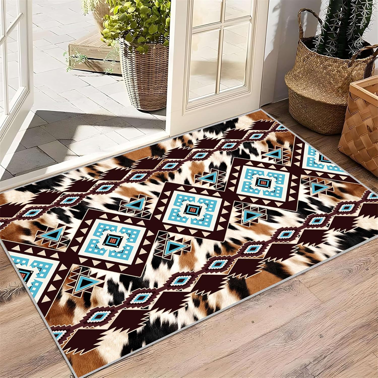 Southwestern Aztec Rugs 3x5 - Cowhide Print Area Rug, Non-Slip & Machine Washable Carpet for Western Living Room, Bedroom, Dining Room & Rustic Decor