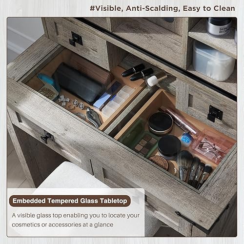 Miniatura 2 de T4TREAM Escritorio de maquillaje de granja con espejo deslizante y luces, tocador de mesa de vidrio de 31.2 pulgadas con cajones y estantes, juego