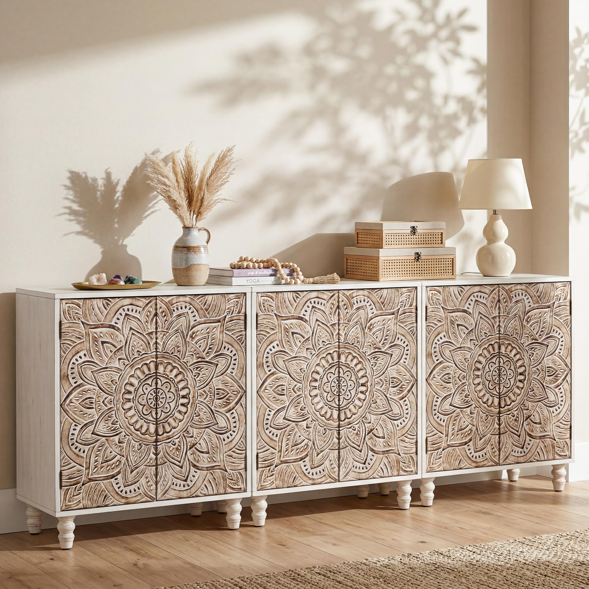 COSIEST Set of 3 32 inch Accent Storage Cabinets with Lotus Carving