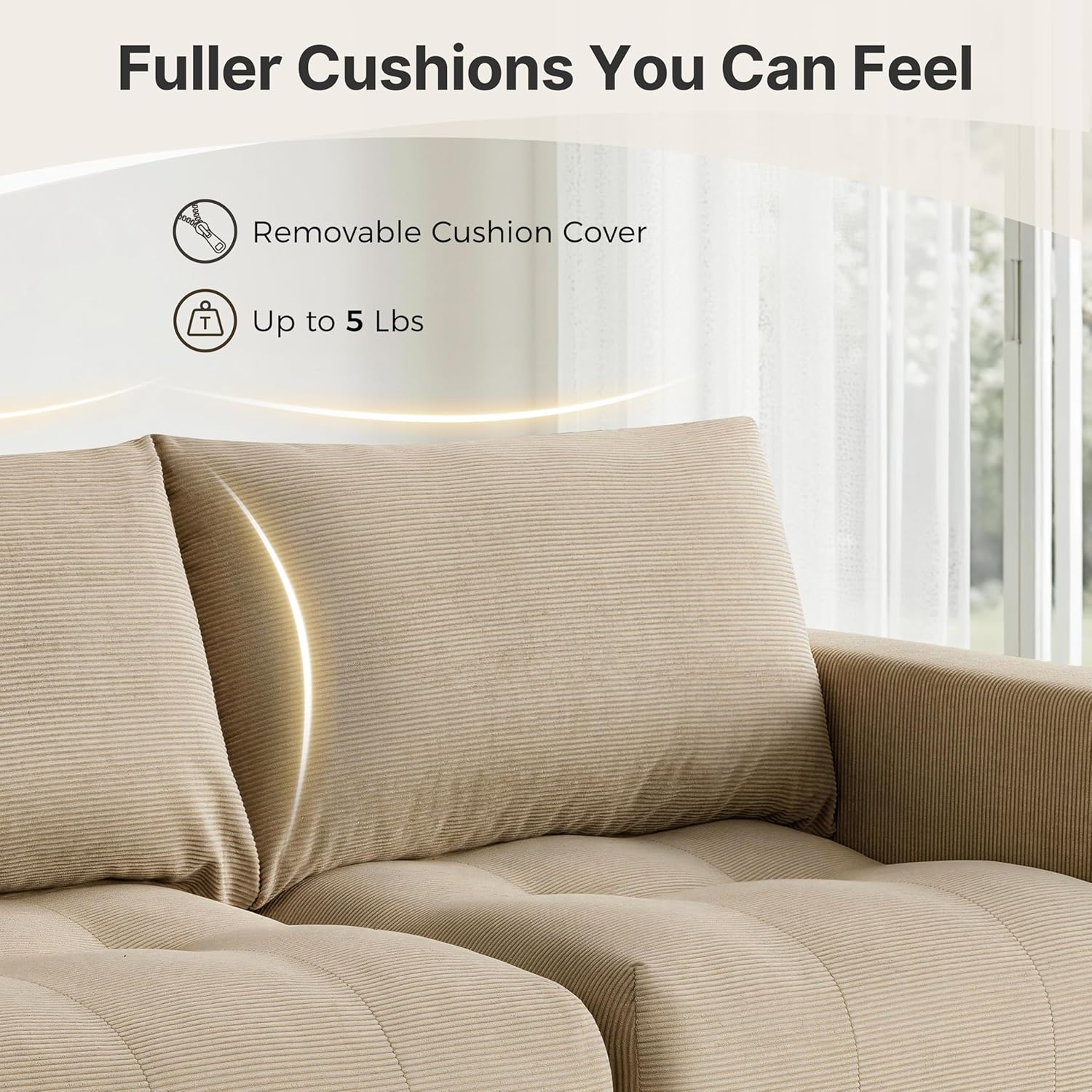 MCombo 121" Oversized Boneless Sofa with Ottoman, Extra Deep Cloud Couch Modular Sectional Sofa, Compressed Foam Couch for Living Room SS378 (Light Brown)