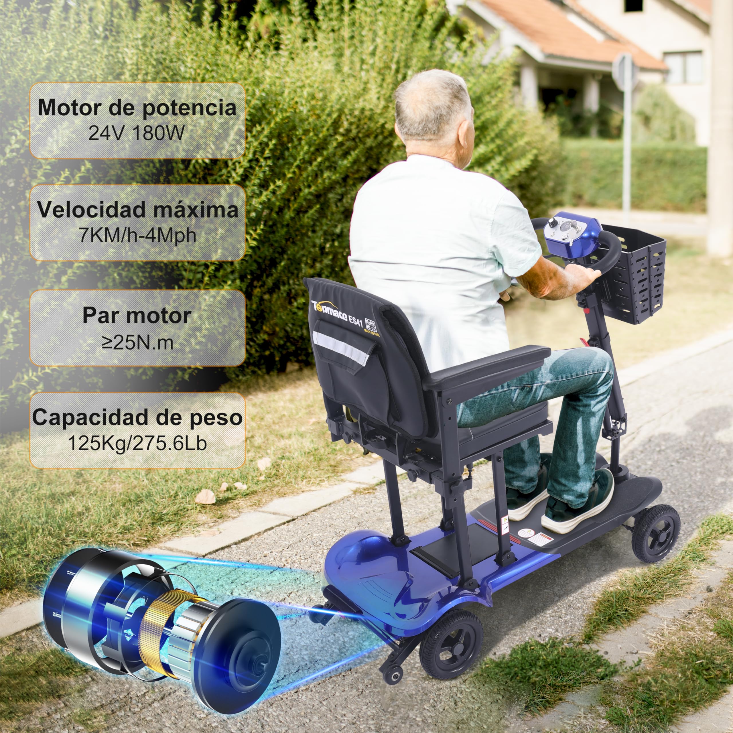 TopMate ES41 Patinete de Movilidad para Adultos y Personas Mayores, Ligero, Plegable, Aprobado para Aerolíneas, con Asiento Ultra Ancho, Manillar Ajustable y Cesta - Azul