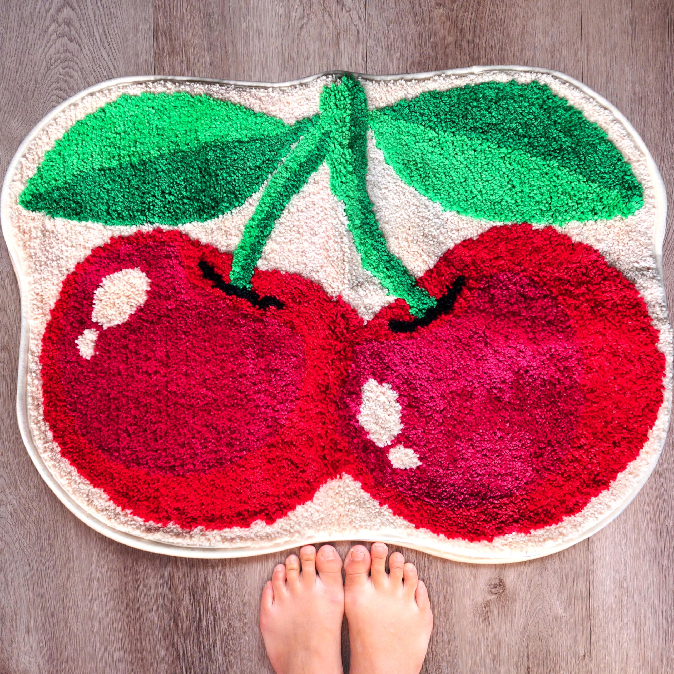 Evovee Cherry Rug Funny Bath Mat Red Cute Cherries Bathroom Decor Pink Fruit Shower Rugs Retro Funky Bedroom Aesthetic Fun Round Preppy Cool Apartment
