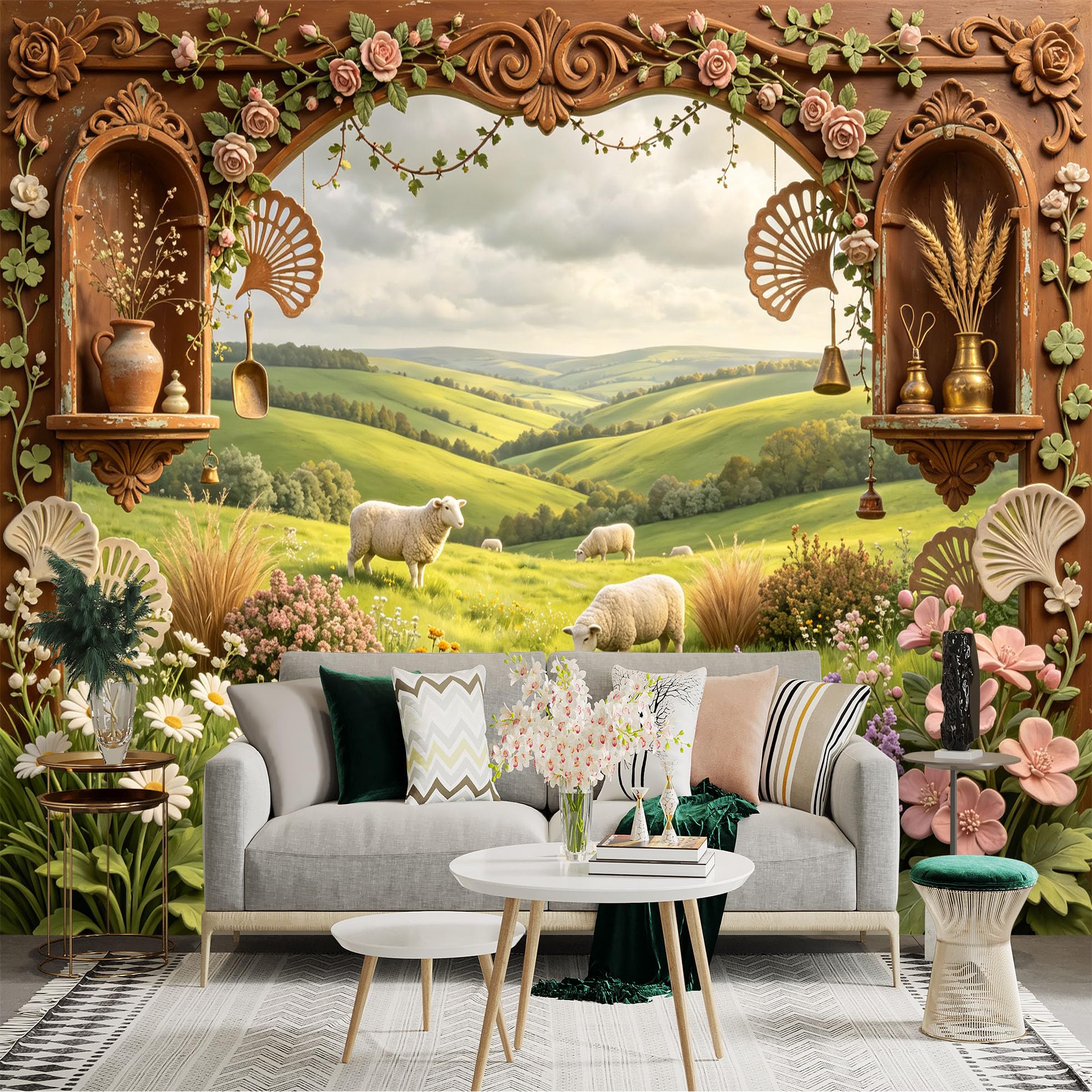Lnzczhyre Bh260719503 Custom Size Wall Sticker Mural， Pastoral Sheep Grazing In Green Meadow， Vintage Floral Wooden Frame， Countryside Landscape， For Wall Decoration， Peelandstick Wall Decals.