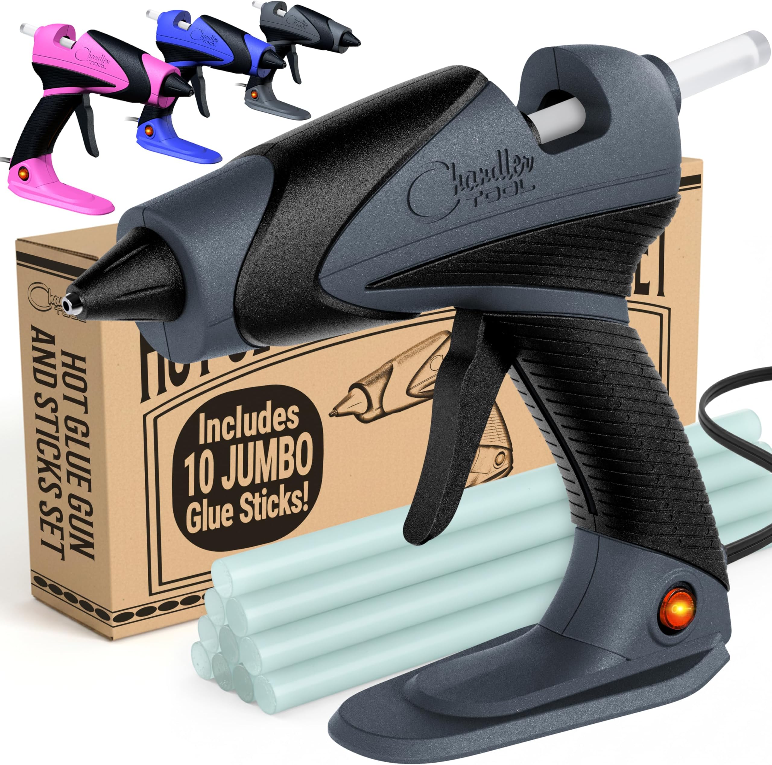Chandler Tool Hot Glue Gun And Sticks Set Corded Full Size for Crafts and DIY Complete Heavy Duty Hot Glue Gun Kit With 10 Jumbo Glue Sticks (Grey/Black)