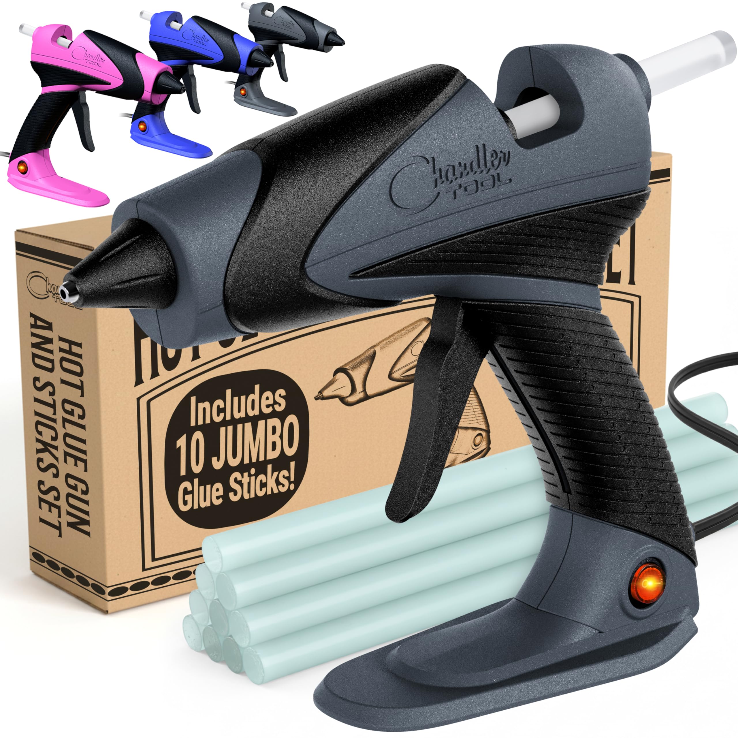 Full Size Hot Glue Gun And Sticks Set for Crafts and DIY Pistola De Silicona Caliente Inalambrica Complete Heavy Duty Hot Glue Gun Kit With 10 Jumbo Glue Sticks (Grey/Black)