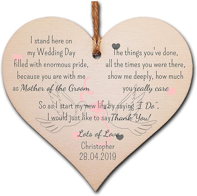 Personalised Handmade Wooden Hanging Heart Plaque Gift On my wedding day by my side Mother of the Groom Thank You from son Heartfelt Bridal Keepsake