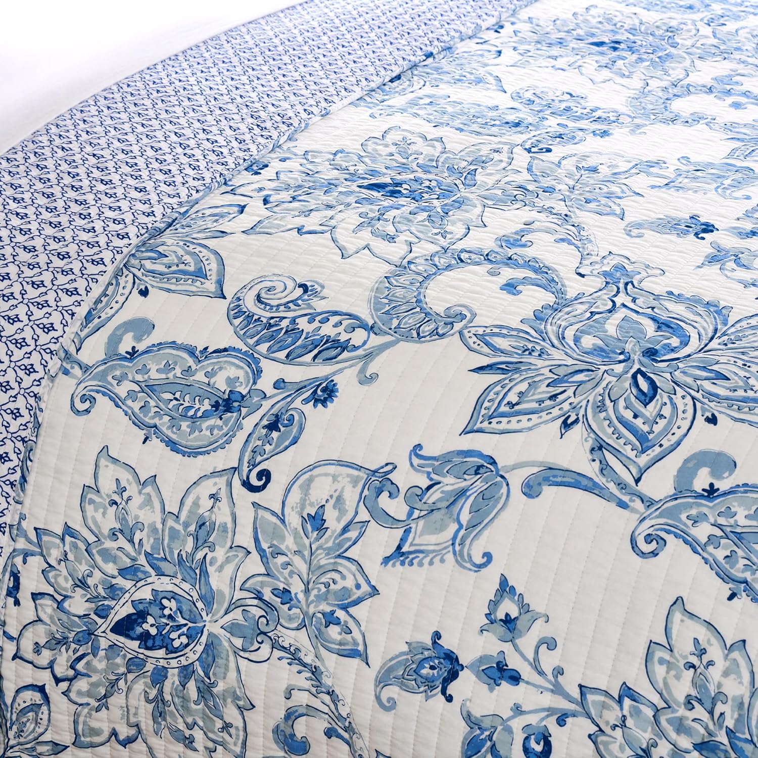 Levtex Home - Bennett Bedspread Set - King (120x106in.) Bedspread and 2 King Shams (20x36in.) - Floral Paisley - Blue and White - Reversible - Cotton