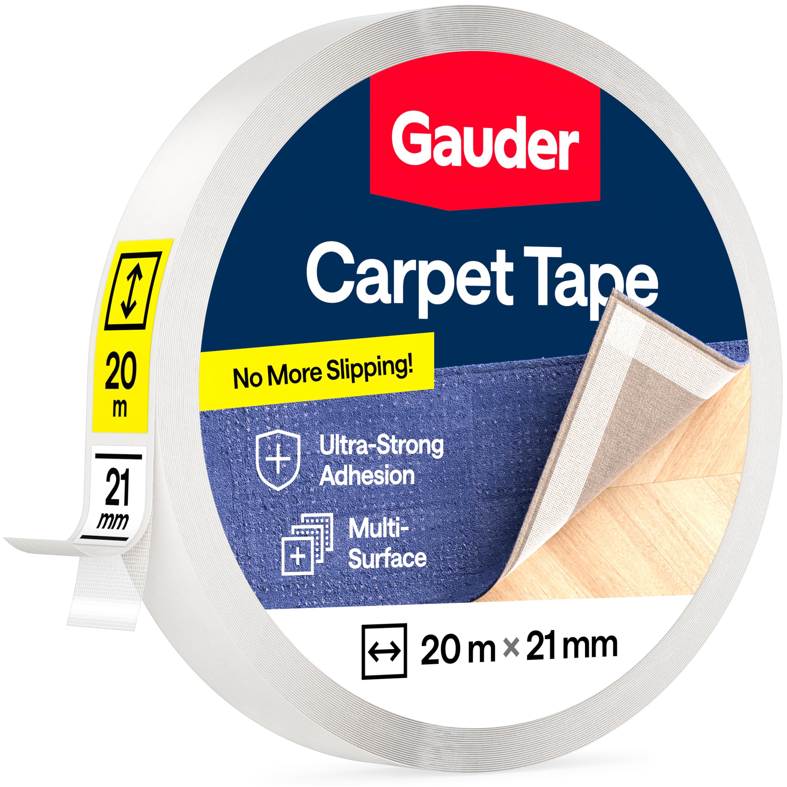 GAUDER Double-Sided Carpet Tape Extra Strong - Long Lasting Rug Grip to Stop Sliding - Flooring Adhesive for Home & Professional Use (20 m x 21 mm)