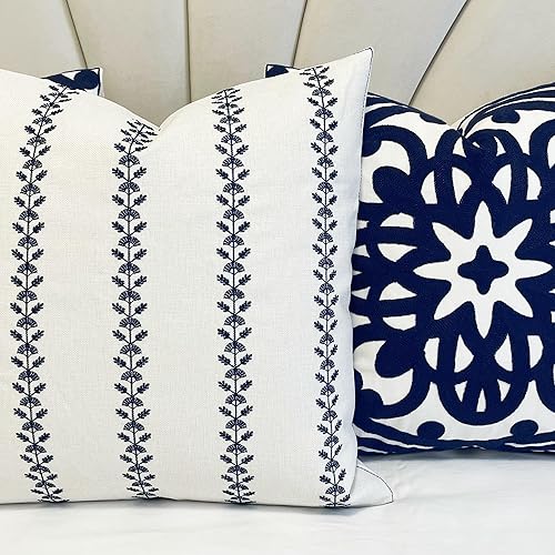 Miniatura 6 de Slow Cow Funda de cojín decorativa de lino con bordado azul marino para sofá, dormitorio, cuadrada, 18 x 18 pulgadas