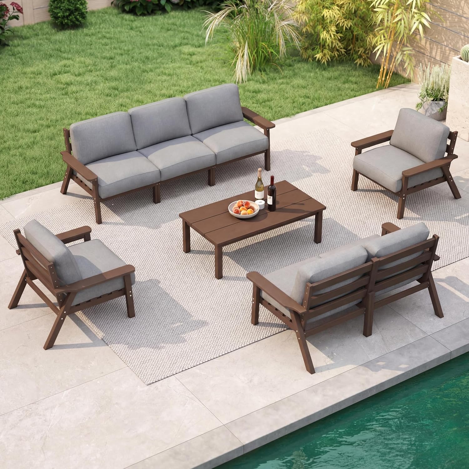 7 Piece Patio Furniture Set, HDPE Outdoor Sectional with Gray Washable Thick Cushions, Coffee Table & Side Table, Patio Conversation Sets for Lawn, Garden, Porch, Balcony (Brown Frame)