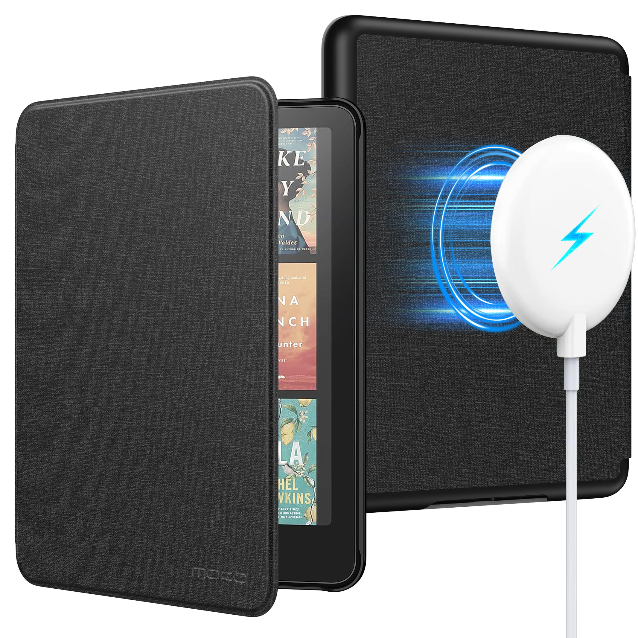 MoKo Magnetic Case for 7" Kindle Paperwhite Signature Edition(12th Gen-2024) and Kindle Colorsoft-Compatible with iPhone Magsafe for Samsung/Anker Wireless Charging Pads,Auto Sleep Wake, Denim Black