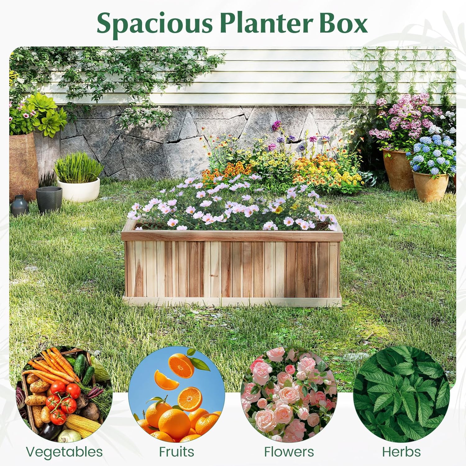 Wood Raised Garden Bed, Rectangular Planter Box with Liner & Drainage, Easy Assembly for Growing Vegetable Flower Herb Fruit, Outdoor Planting Bed for Backyard, Garden (1, 36” x 12” x 12”)
