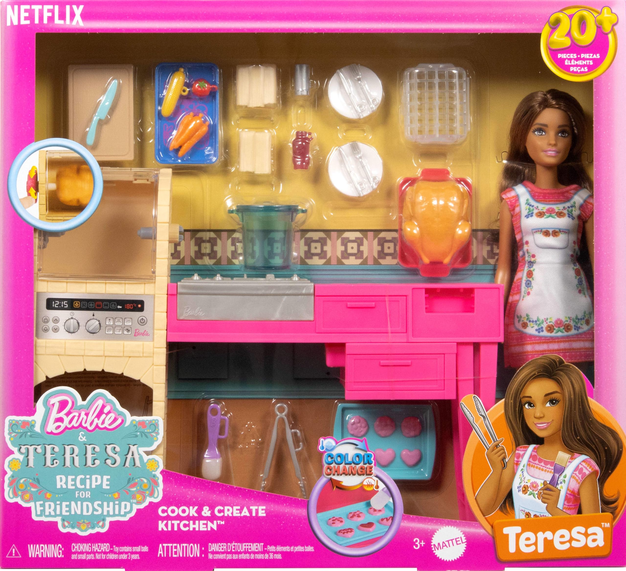 Barbie Teresa - La Ricetta dell'amicizia, set a tema cucina con bambola Teresa, 20 accessori inclusi tra cui i biscotti con effetto cambia colore, giocattolo per bambini, 3+ anni, JCT06