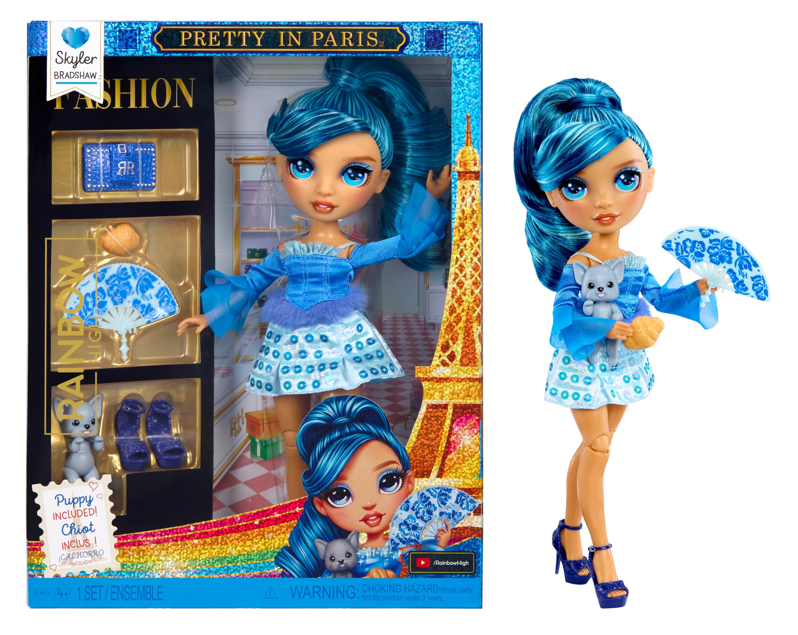 Rainbow High Pretty in Paris Fashion Doll - Skyler Bradshaw - Blue 28 cm Fashion Doll with Puppy, Handbag and Accessories, Play, Posable, Collectable, For Children Ages 4 to 12+