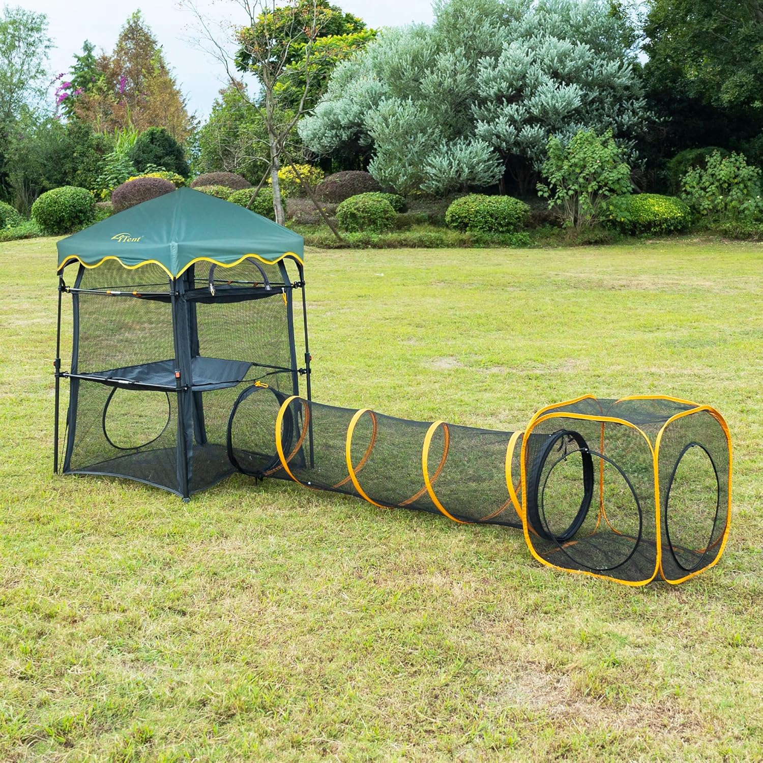 Extra Large Catio Outdoor Cat Enclosure,3 Tier Cat Tower Tent Weatherproof & Sunproof with 3 Doors(with Two Kinds of Canopies), Foladable and Portable Plus Pet Mansion w/Run Tunnel