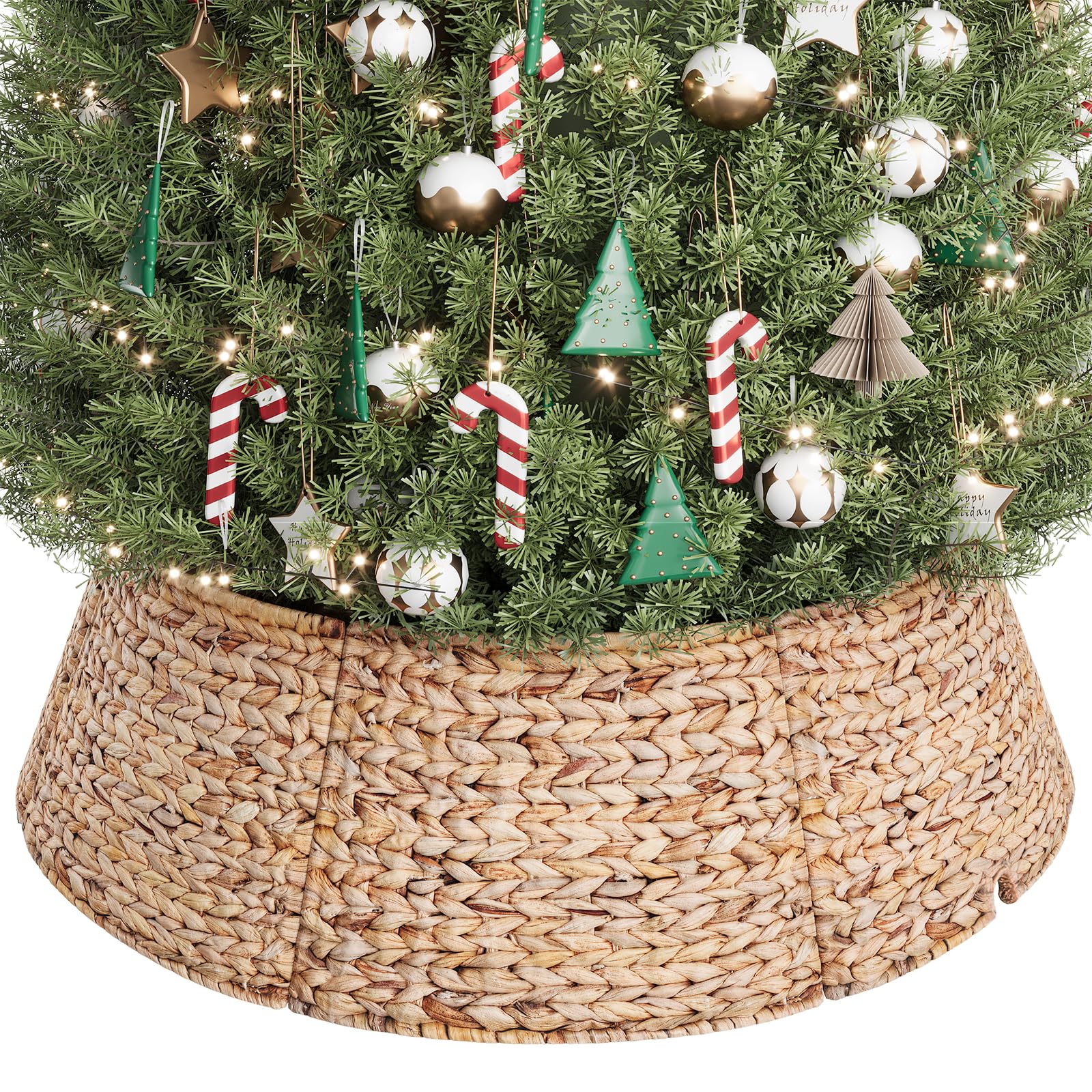 Similar 42-Inch Woven Rattan Christmas Tree Collar, Stylish Hyacinth 5-Piece Tree Skirt for Artificial Trees, Wicker Tree Base Cover with Cord Cut-Out for Home Decor, Living Room Display, Natural