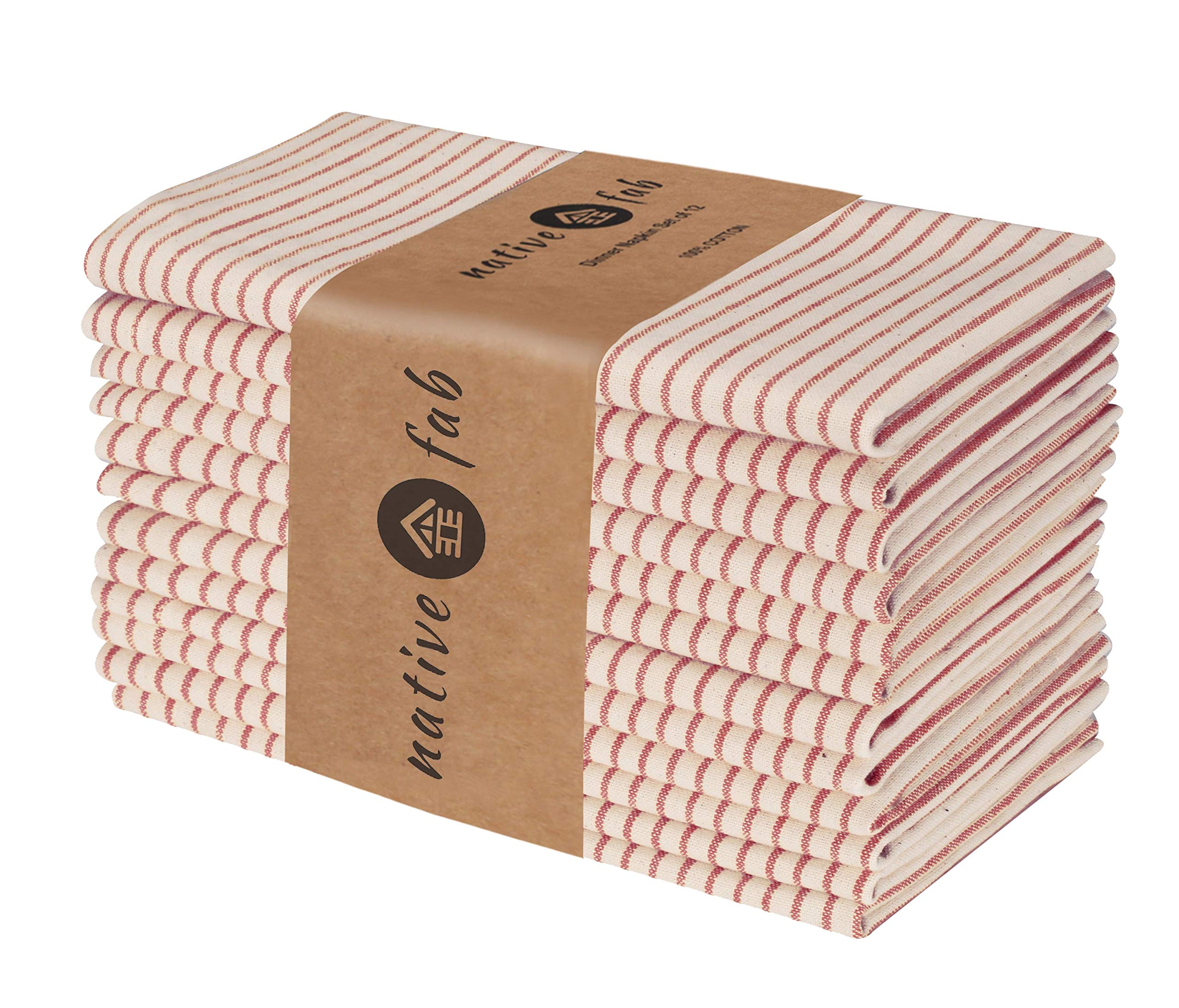 Native Fab Set of 12 Cloth Napkins - Cotton Washable Napkins 46x46 cm - Hotel Quality for Events Party Everyday Use - Absorbent Soft Comfortable – Country Farmhouse Stripe Dinner Napkins - Red Beige