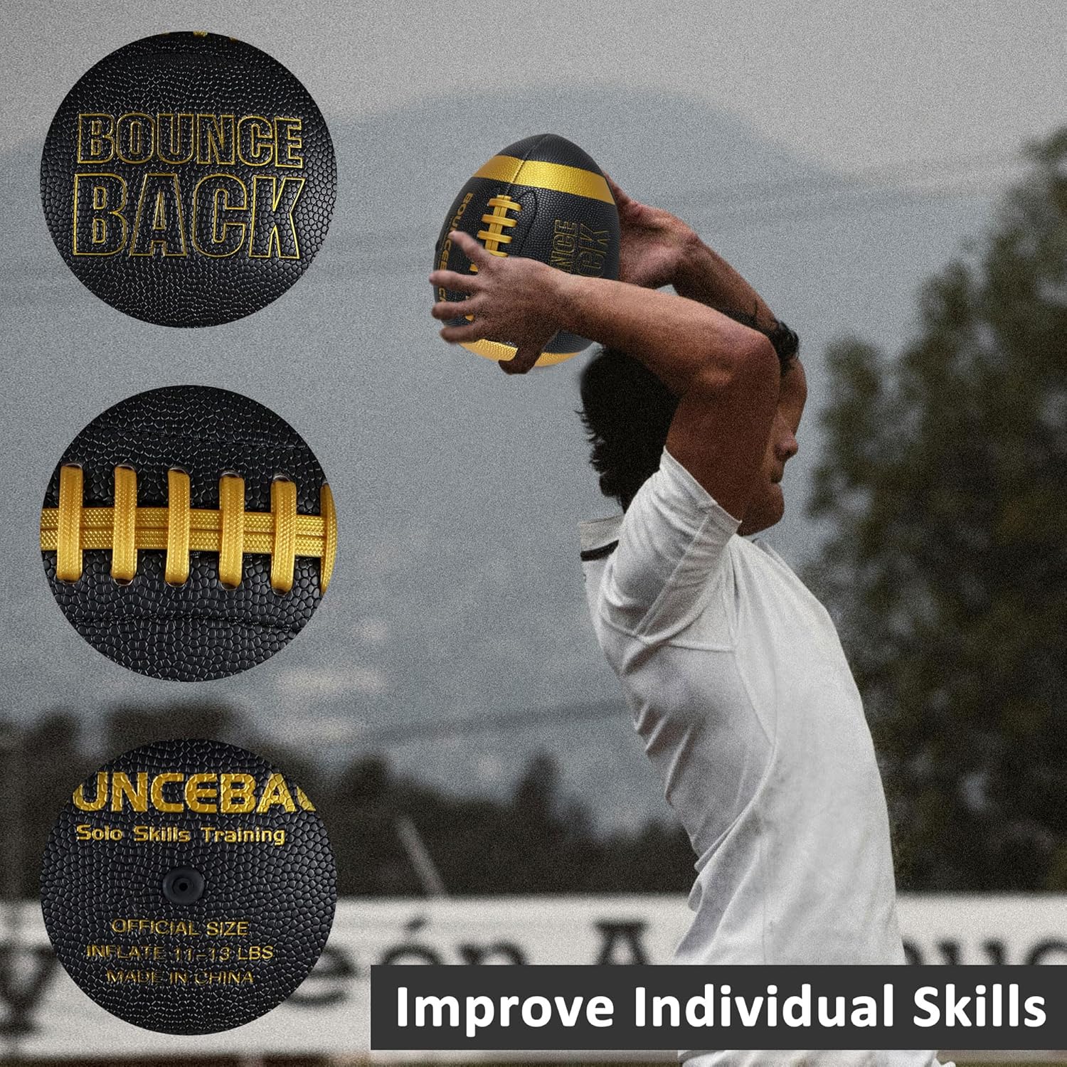 BOUNCEBACK Soft Leather Training Football, Youth Size & Official Size, Fatherless PU PassCatch Solo Enhancing Passing Catching(with Pump)