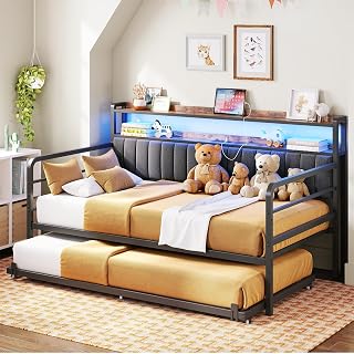 ANCTOR Daybed with Trundle, LED Lights and Charging Station, Full Size Daybed with 2-Tier Storage Shelves and Upholstered Headboard, Metal Sofa Bed Frame for Living Room, Bedroom, Black