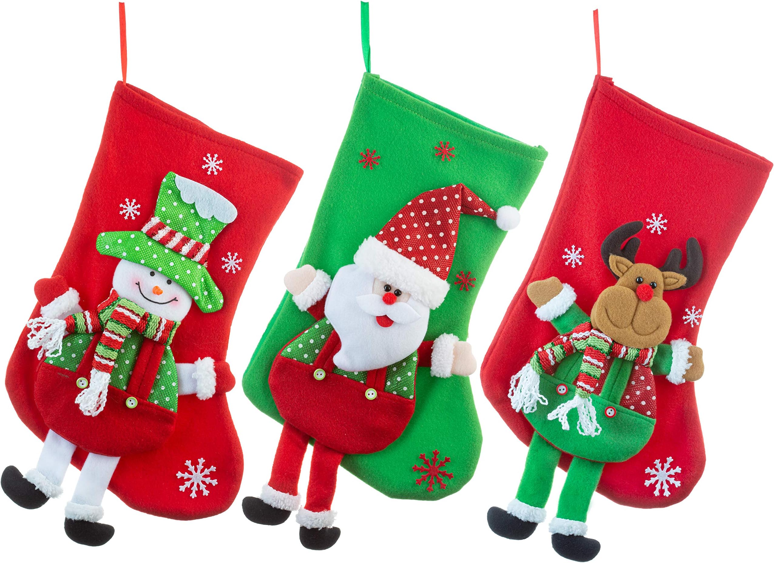 FAVONIRChristmas Felt Stocking Tree Ornaments 3 Pack - 14 Inch Holiday Décor - Santa, Snowman and Reindeer Character Designs – Xmas Decorations