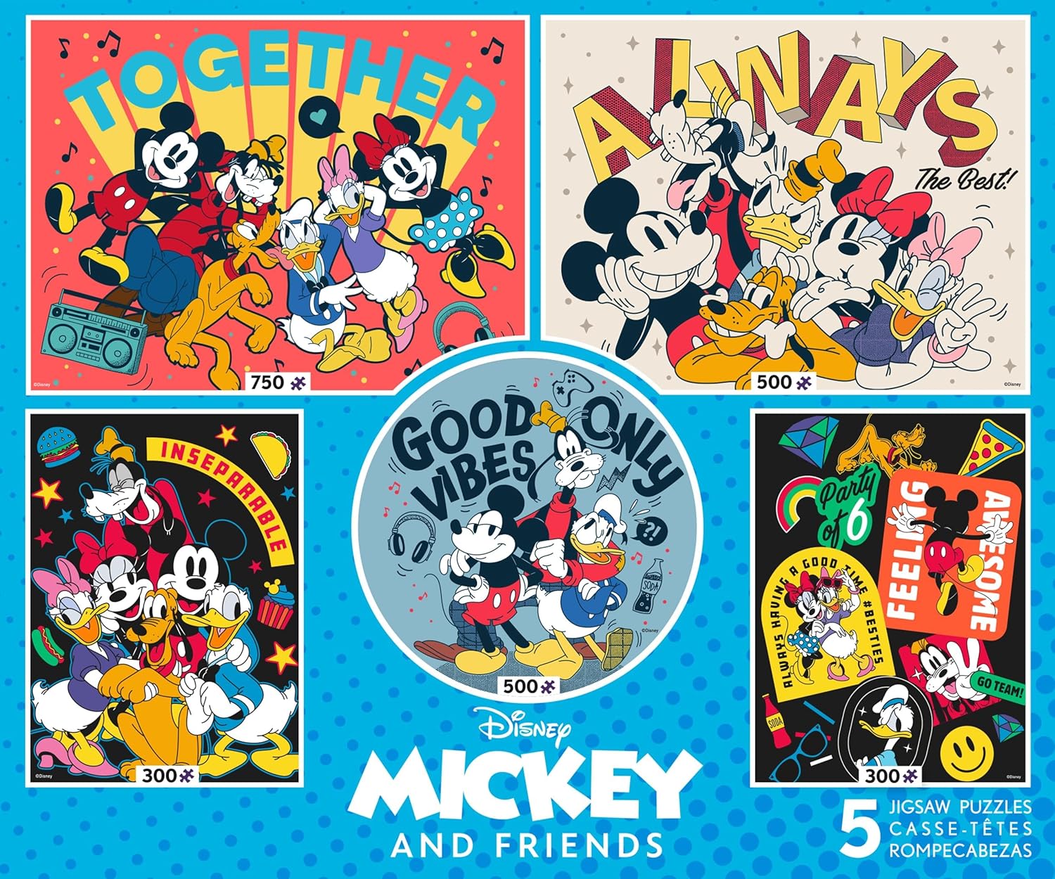Ceaco - 5 in 1 Multipack - Disney - Mickey and Friends - (2) 300 Piece, (2) 500 Piece, (1) 750 Piece Jigsaw Puzzles