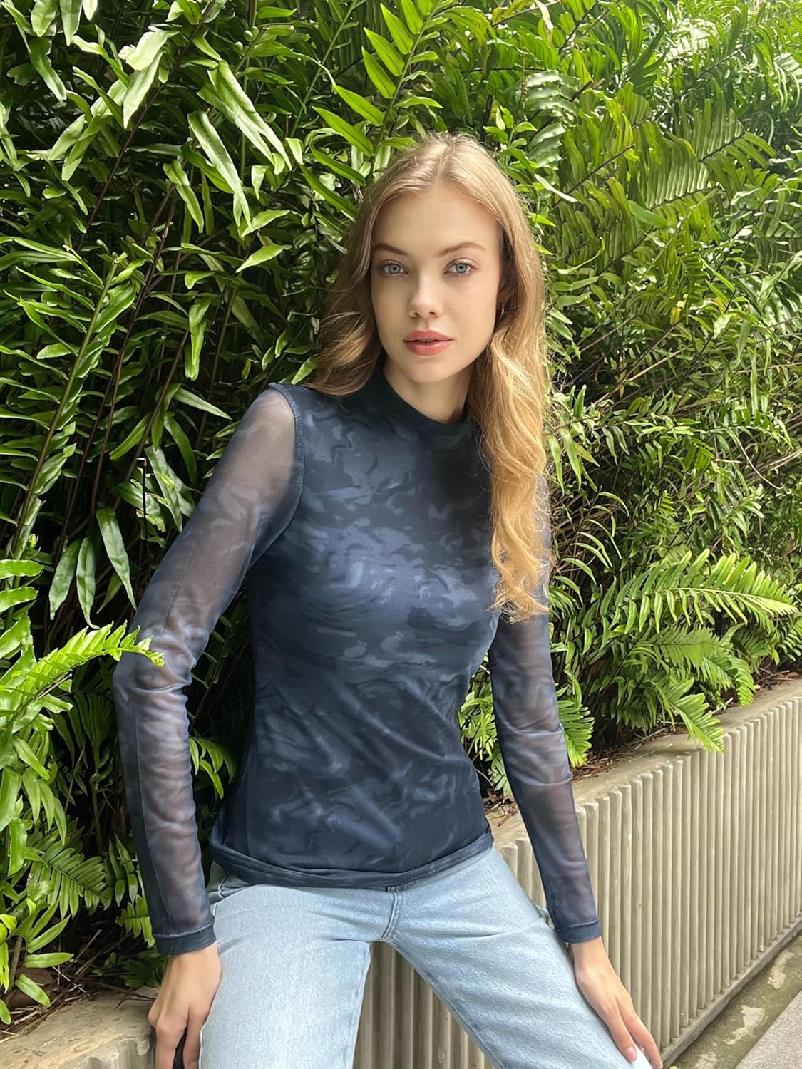 Zeagoo Womens Floral Mesh Long Sleeve Tops See Through Going Out Blouses Mock Neck Sheer Party Outfits Shirts S-XXL - Image 3