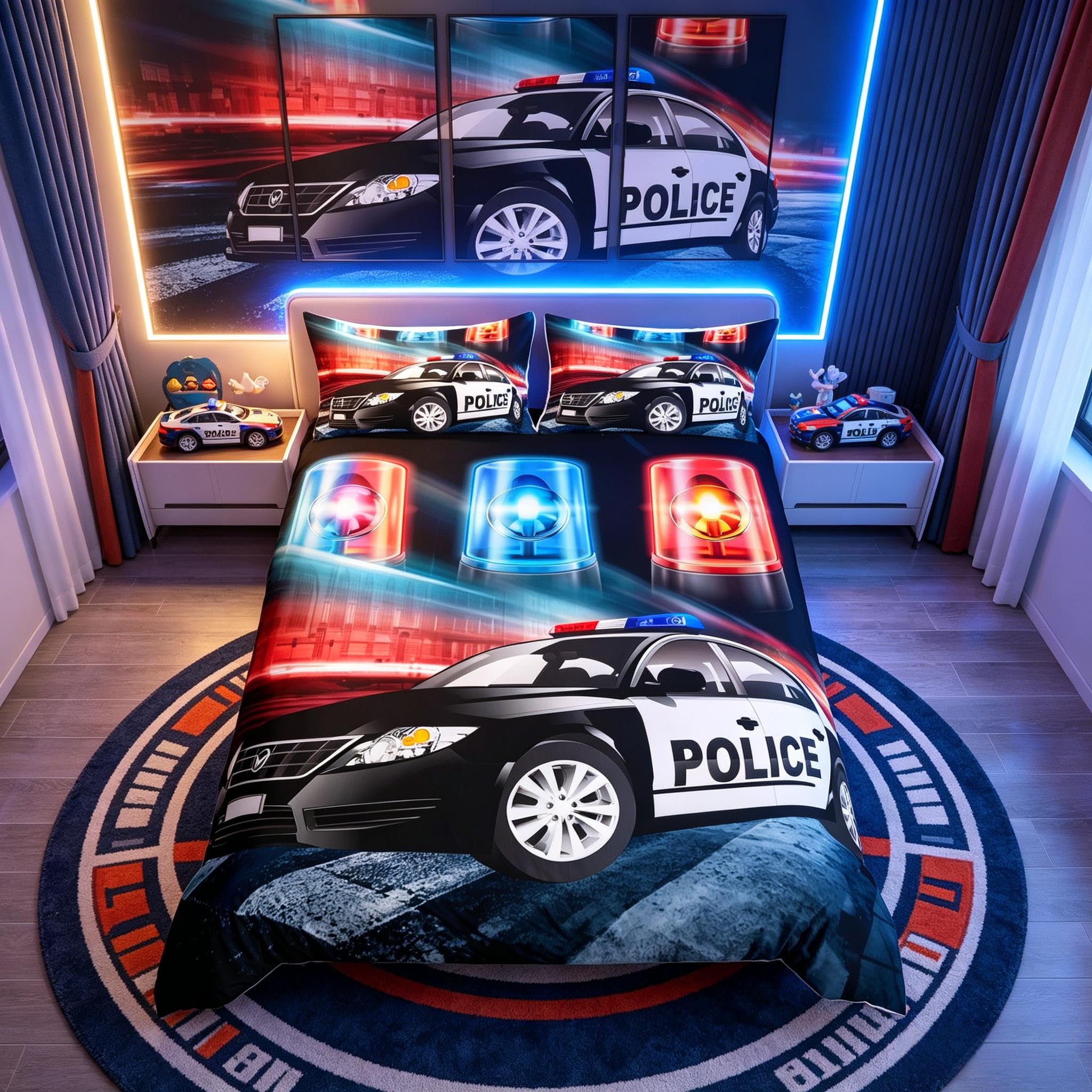 Homemissing Single Children's police car, toddler bedding set, police boy, adult Comforter Cover Set girl, black police car, Duvet Cover car decoration bedding set โ image 1